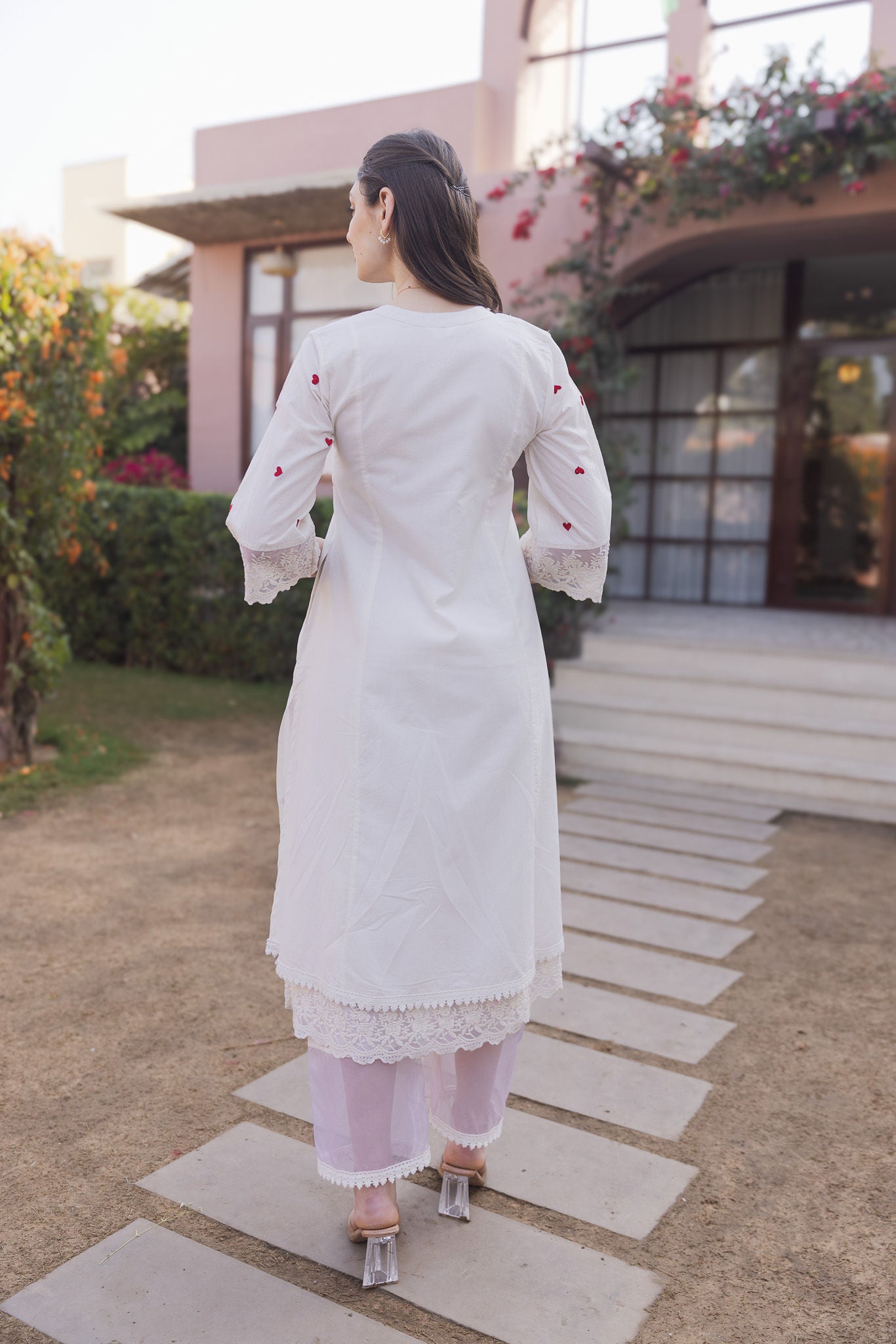 Off White Cottan Red Heart Embroidered Straight Set