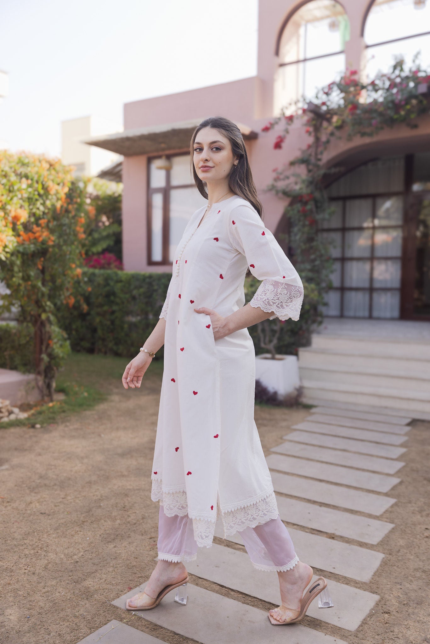 Off White Cottan Red Heart Embroidered Straight Set