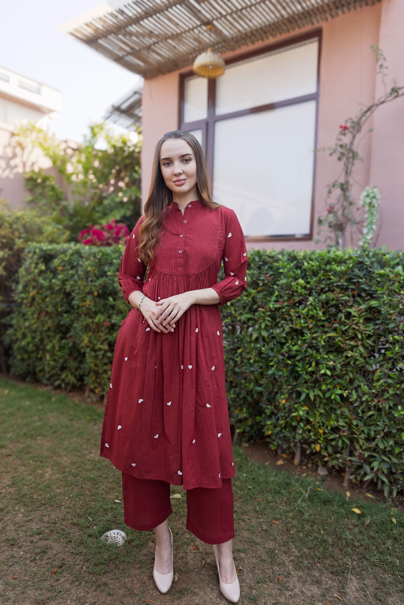 Maroon Cottan White heart Embroidered Straight Set