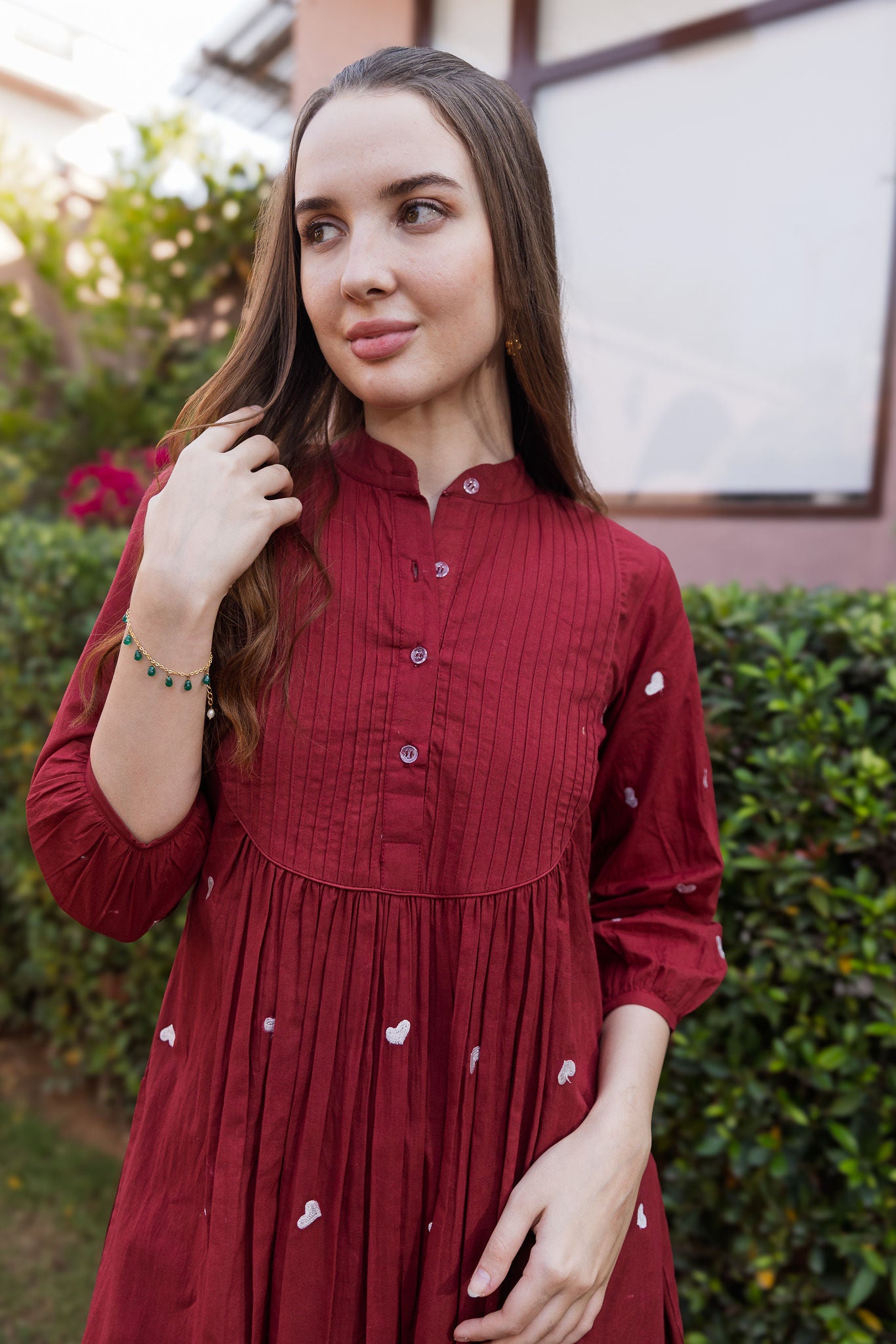 Maroon Cottan White heart Embroidered Straight Set