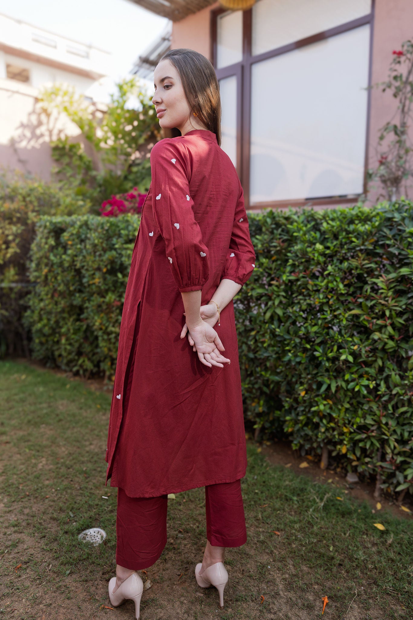 Maroon Cottan White heart Embroidered Straight Set