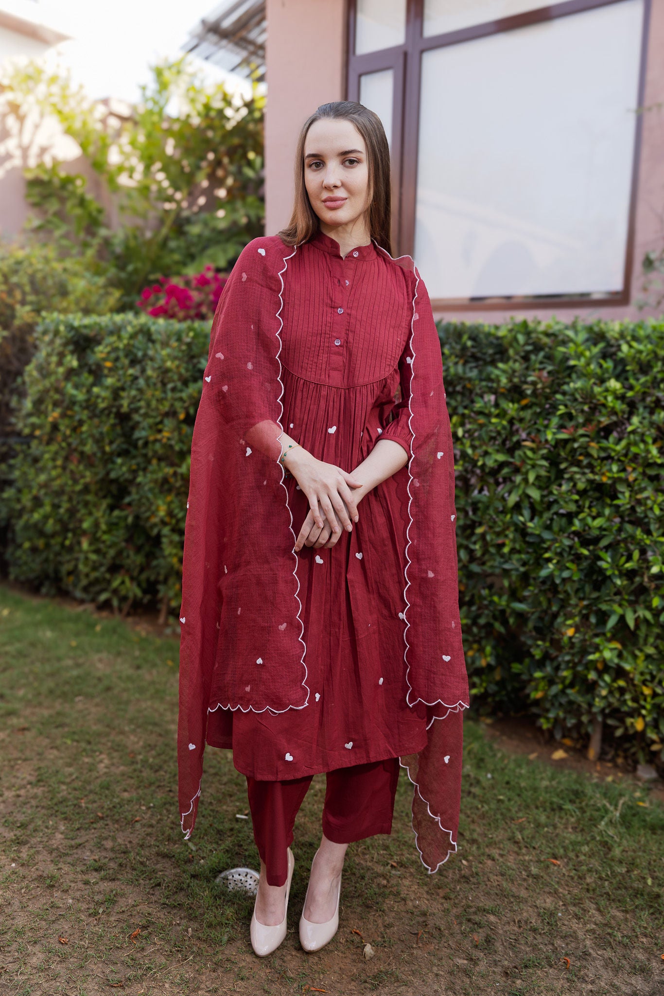 Maroon Cottan White heart Embroidered Straight Set