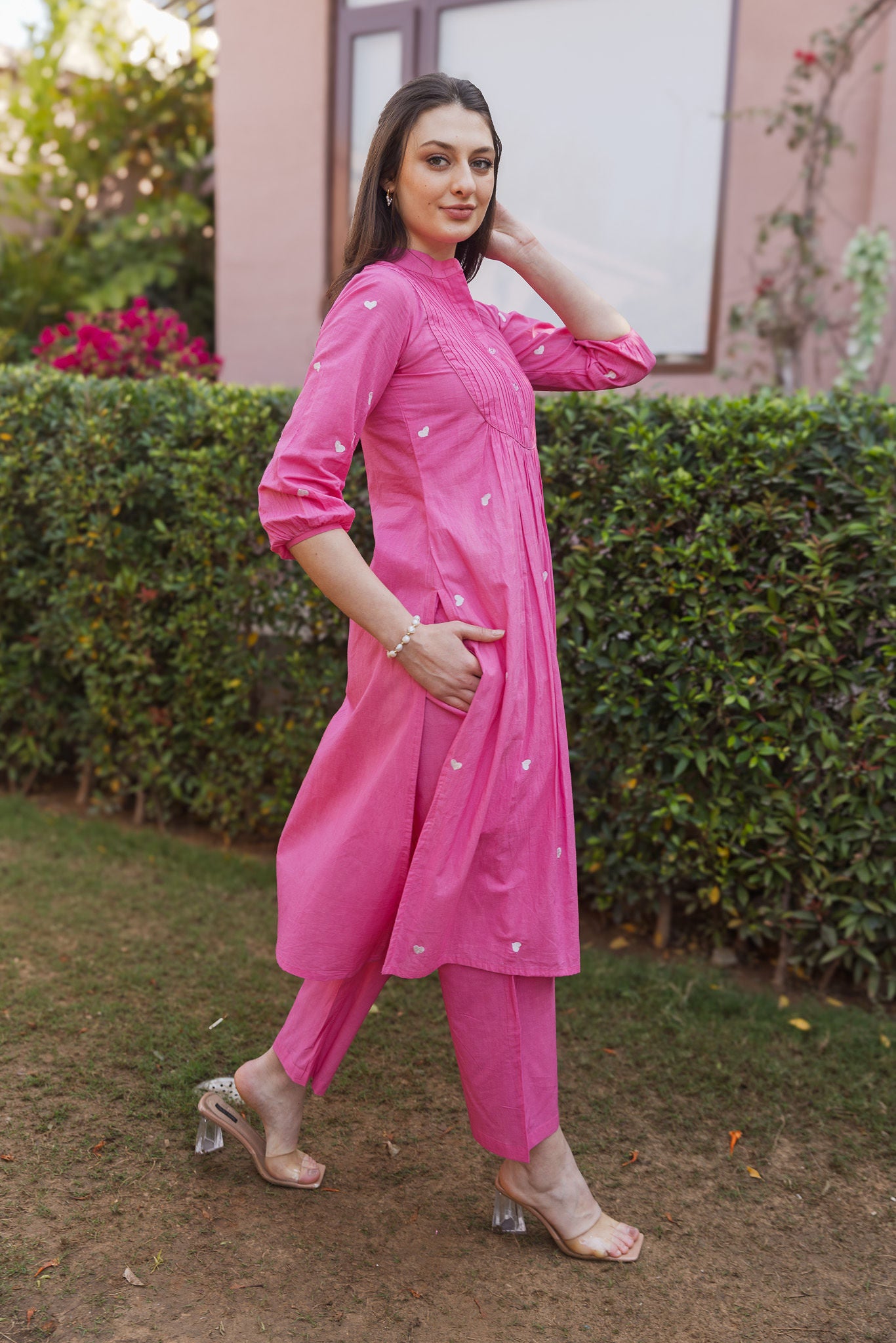 Fuscia Pink Cottan White heart Embroidered Straight Set