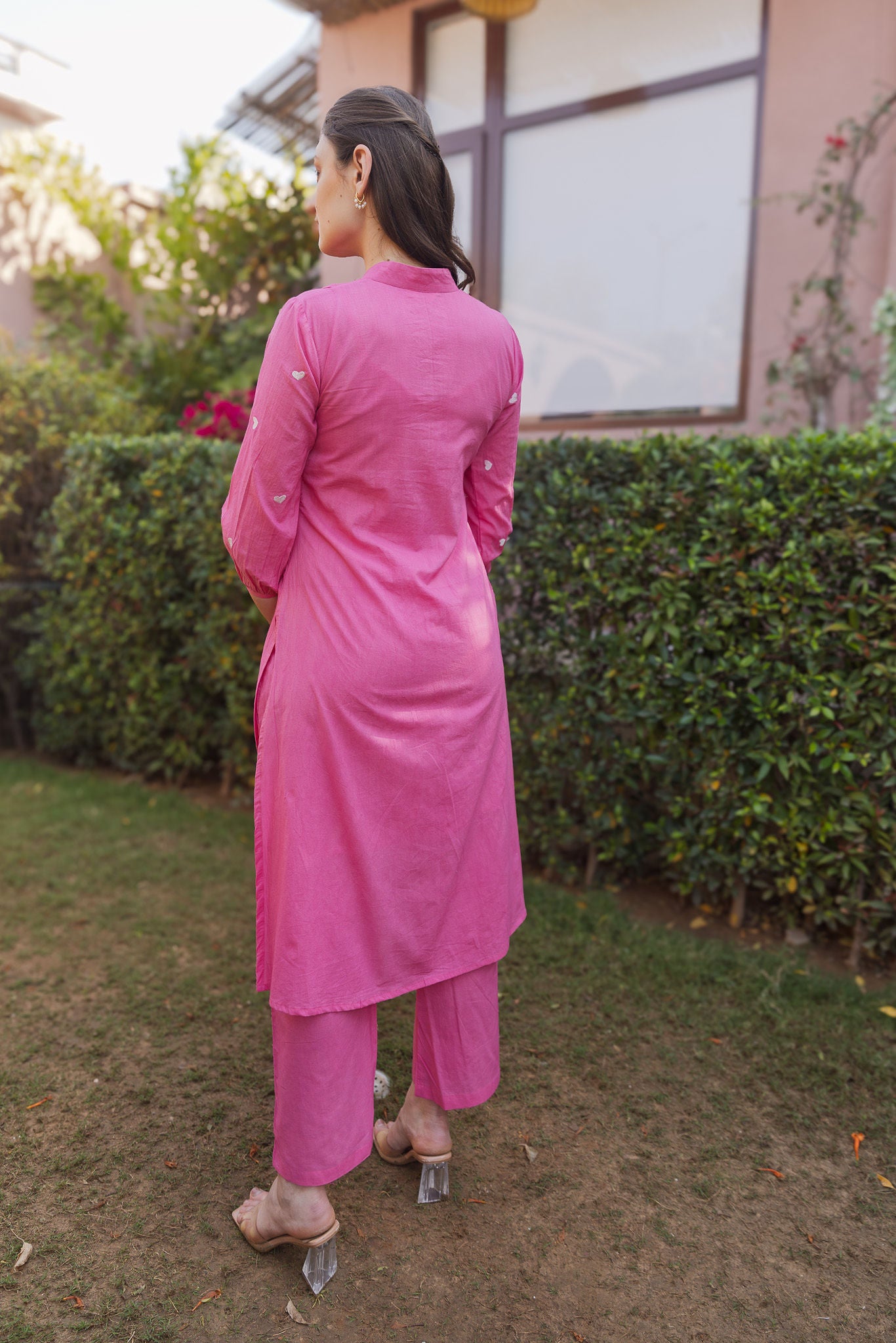 Fuscia Pink Cottan White heart Embroidered Straight Set