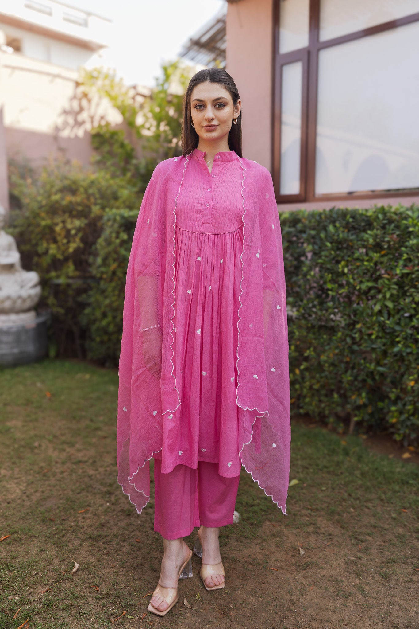 Fuscia Pink Cottan White heart Embroidered Straight Set