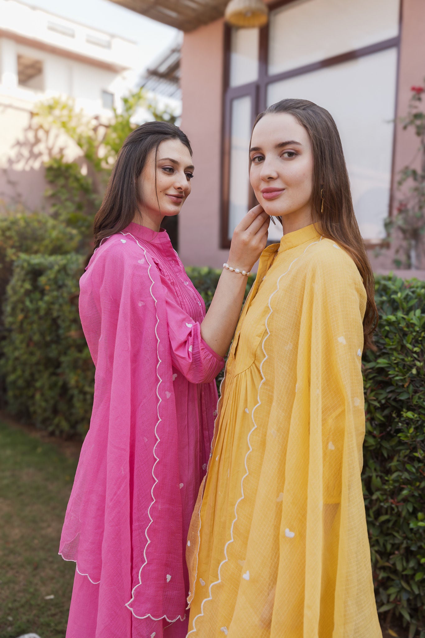 Yellow Cottan White heart Embroidered Straight Set