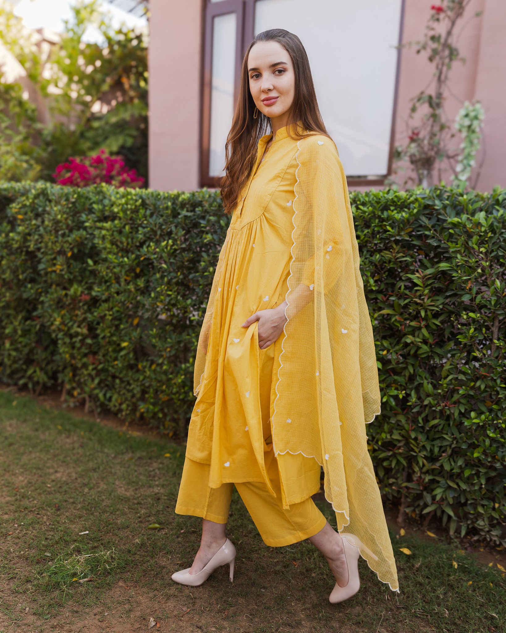 Yellow Cottan White heart Embroidered Straight Set