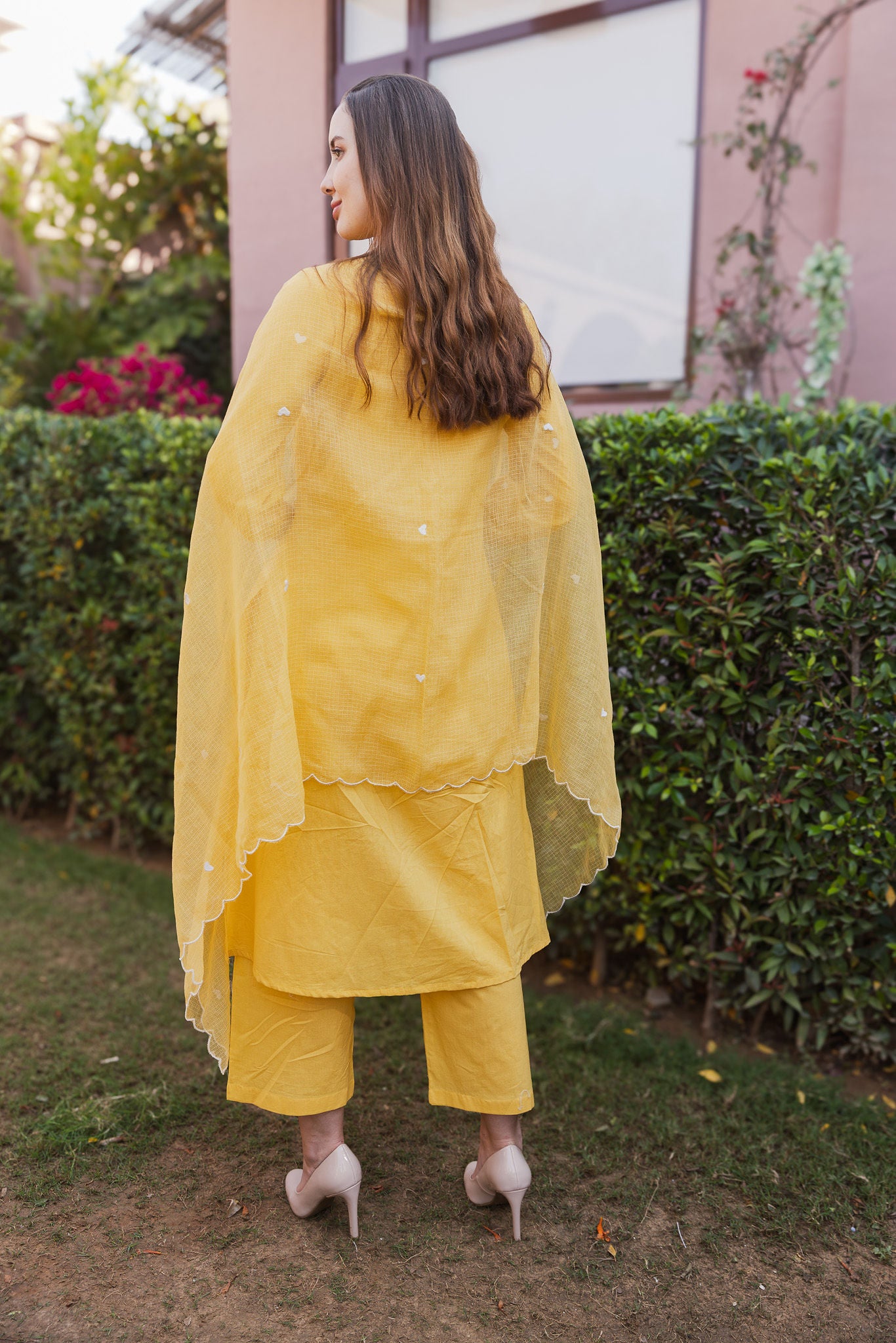 Yellow Cottan White heart Embroidered Straight Set