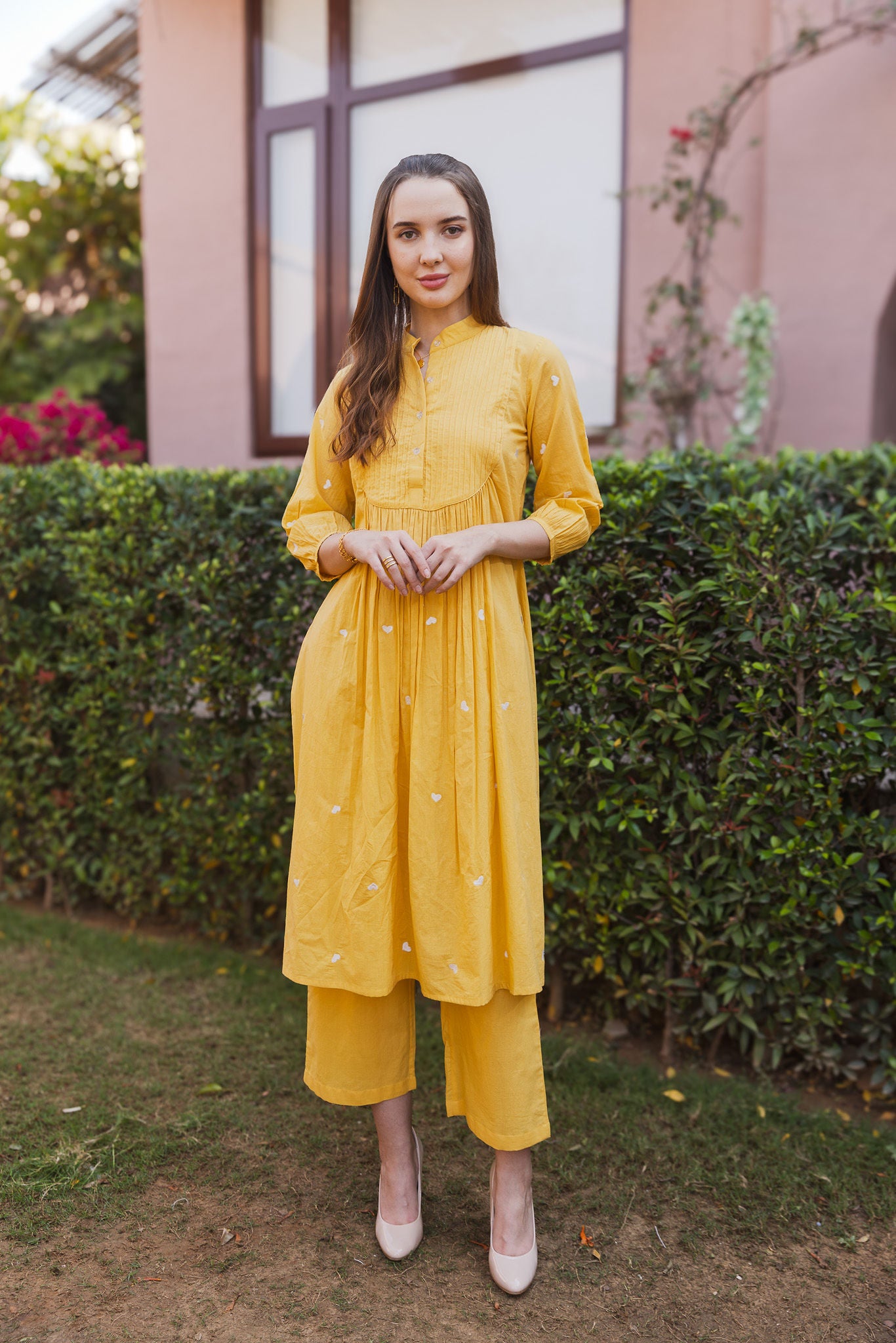 Yellow Cottan White heart Embroidered Straight Set