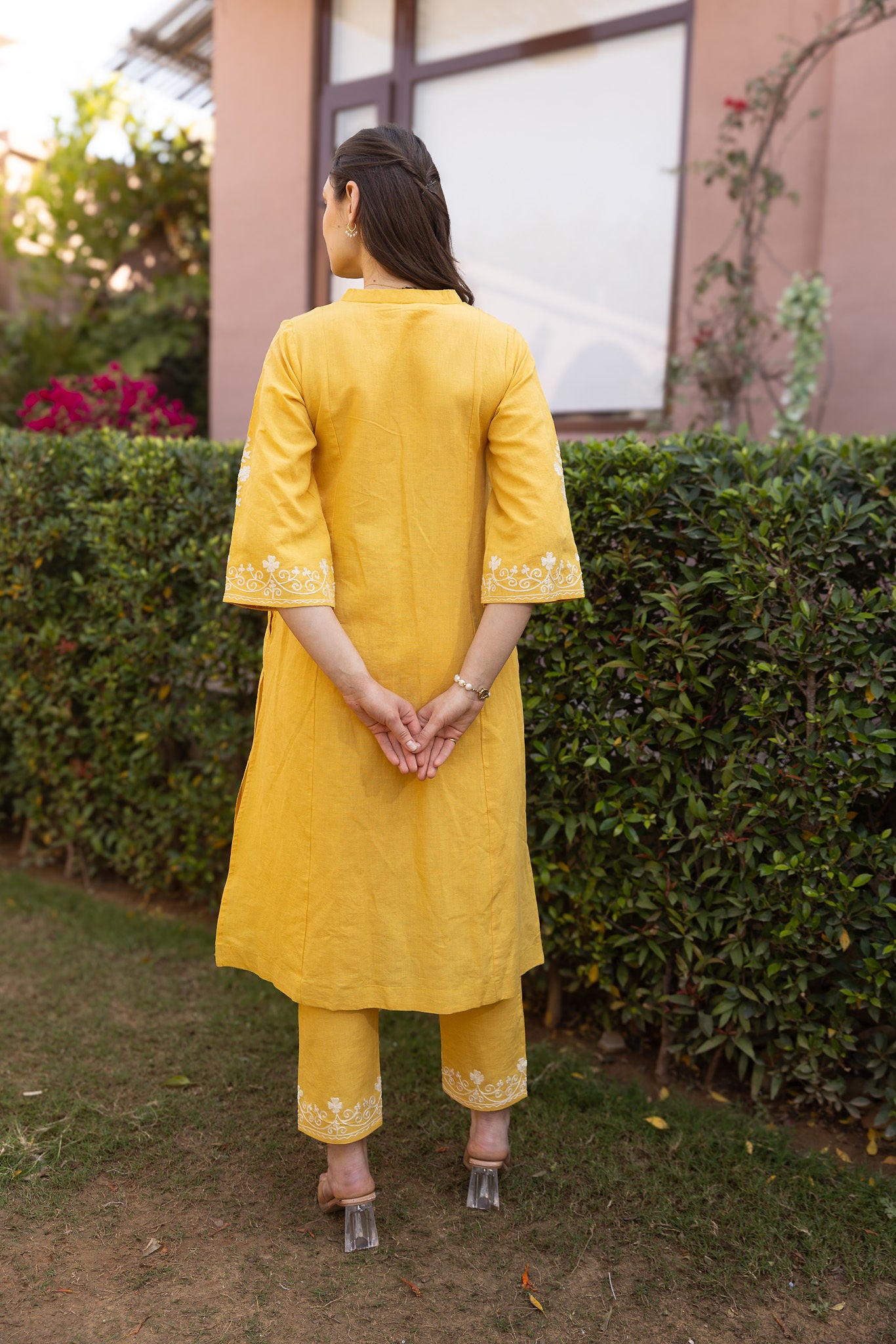 Yellow linen Mughal Embroidery Straight Set