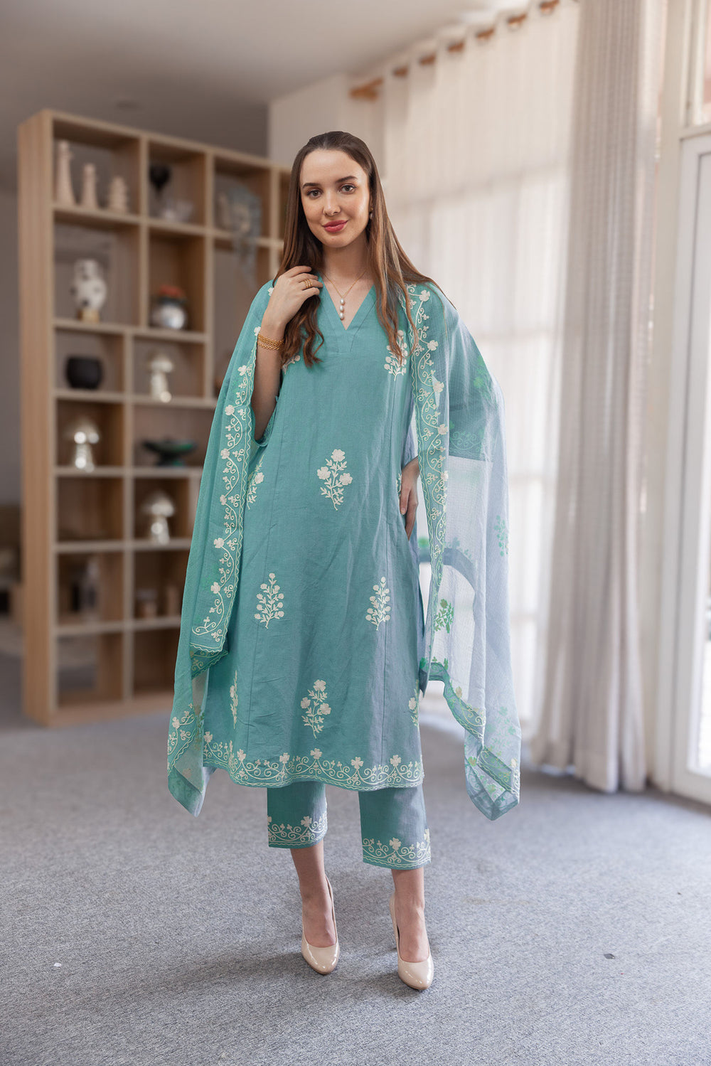 10. Teal Linen Straight Set with Mughal Embroidery