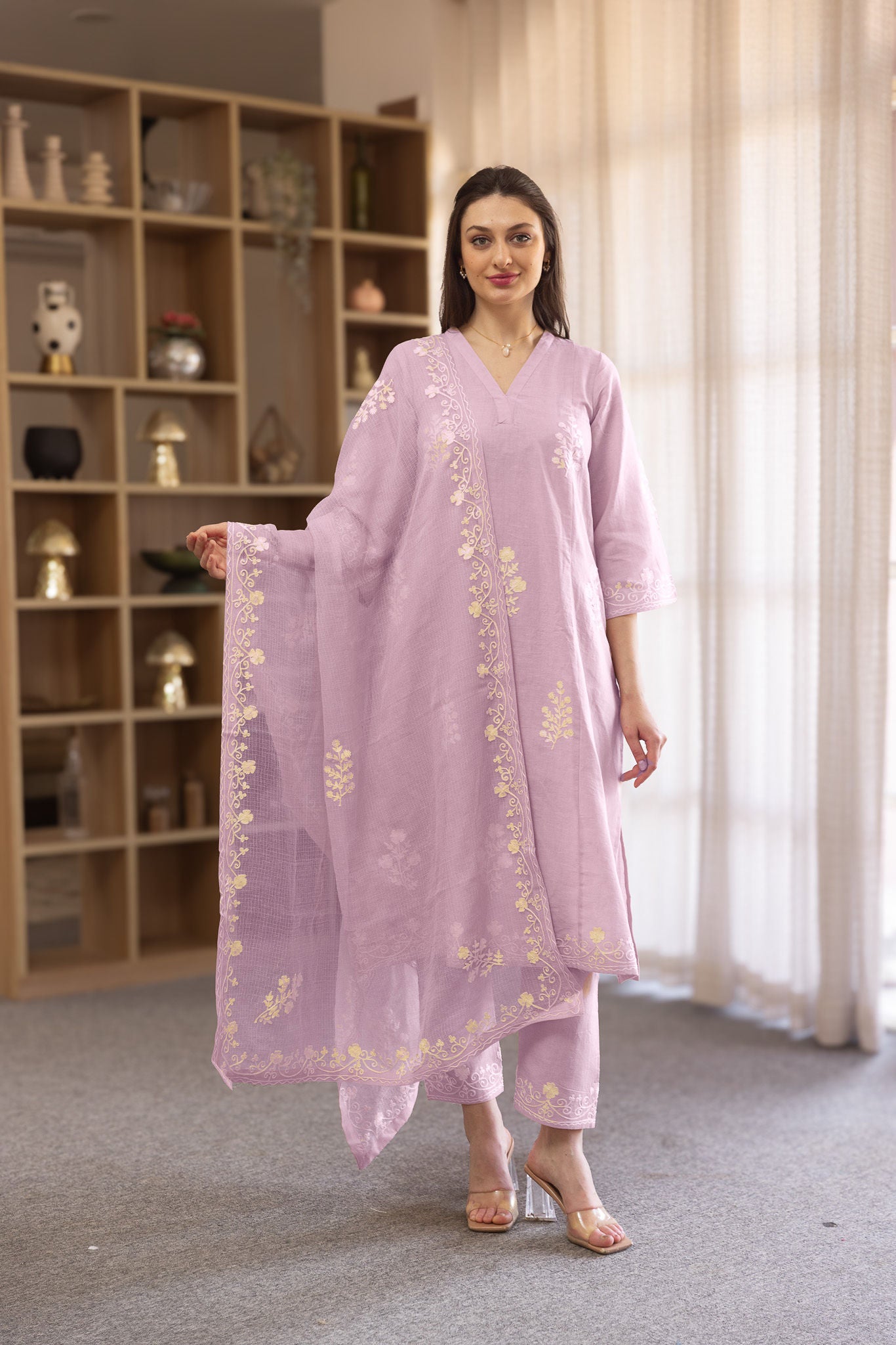 Old Rose linen Mughal Embroidery Straight Set