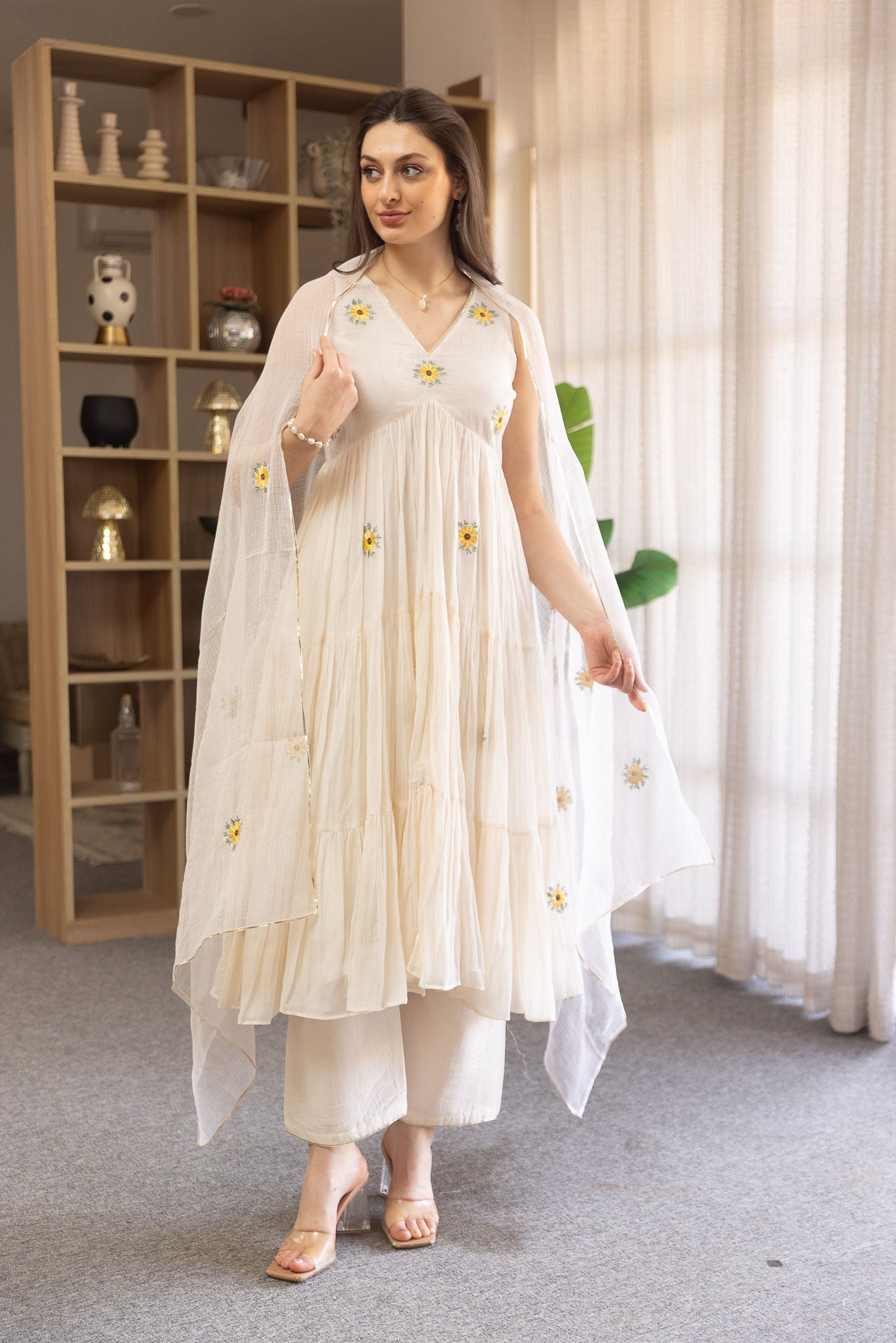 Off White Mulmul  Embroidered Tyre Anarkali