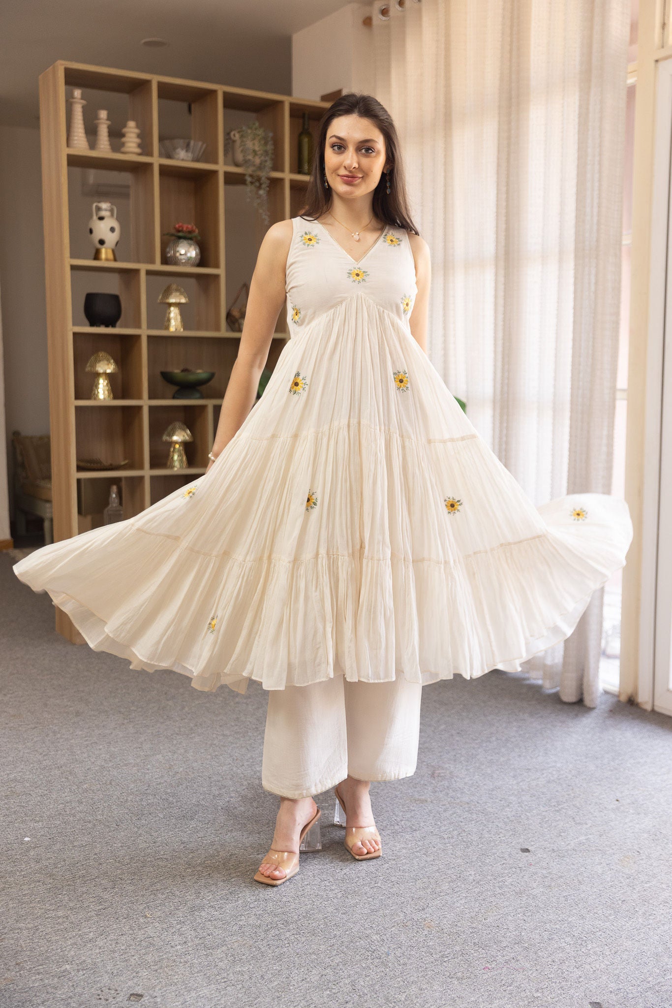 Off White Mulmul  Embroidered Tyre Anarkali