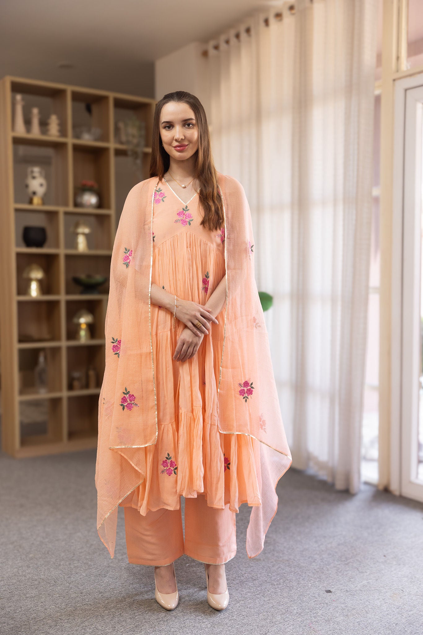Peach Mulmul  Embroidered Tyre Anarkali