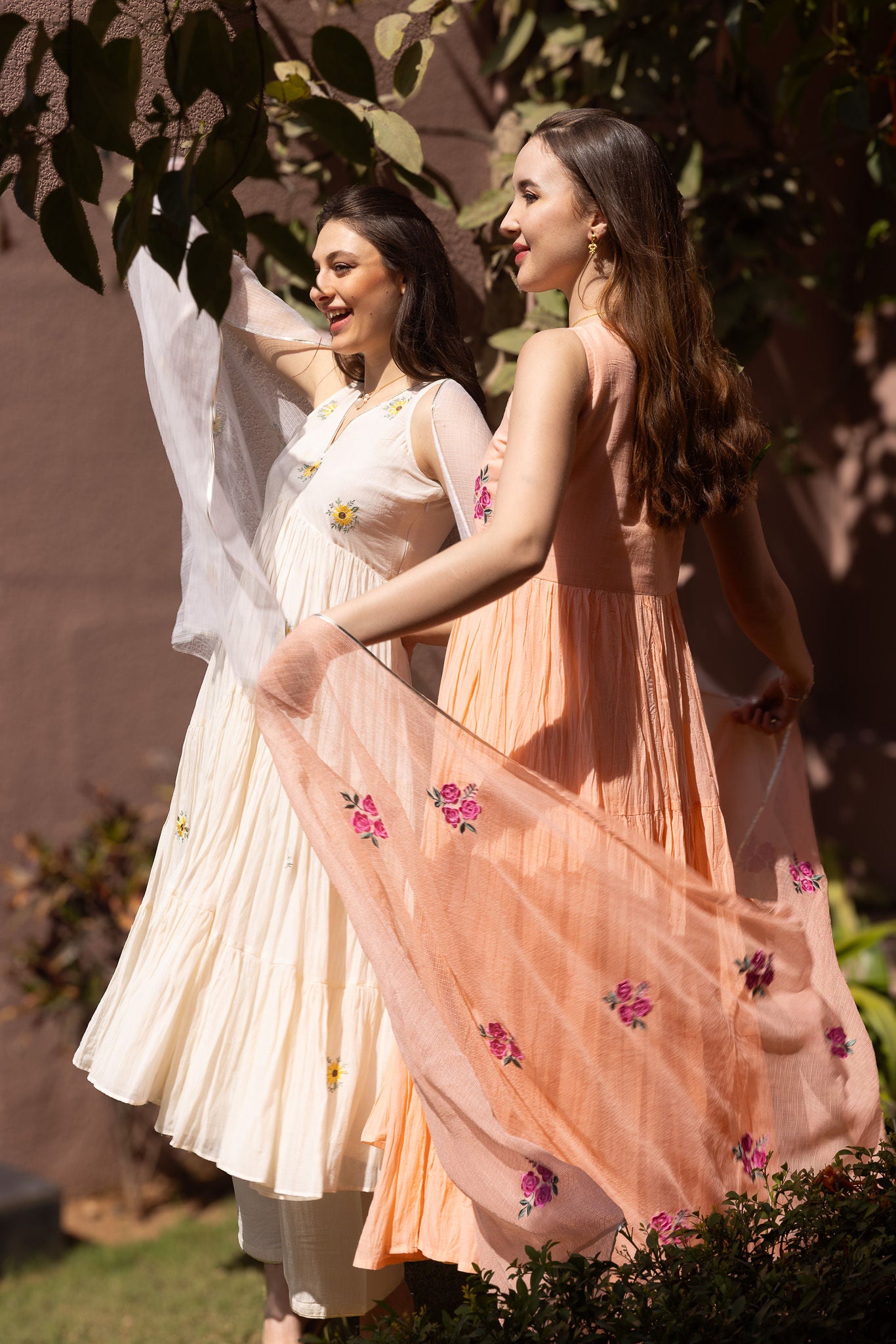 Peach Mulmul  Embroidered Tyre Anarkali