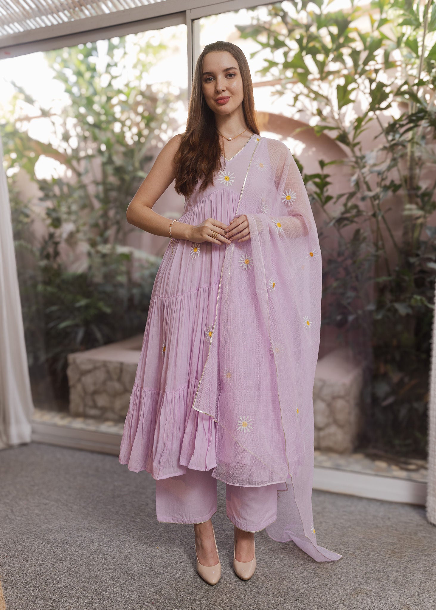 Lilac Mulmul  Embroidered Tyre Anarkali