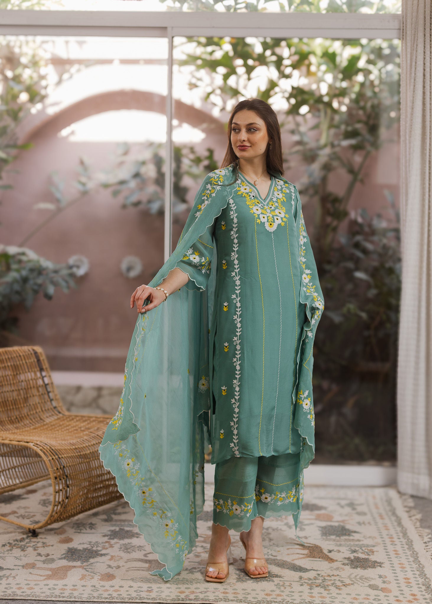 Mint Viscose Resam Embroidred Suit Set