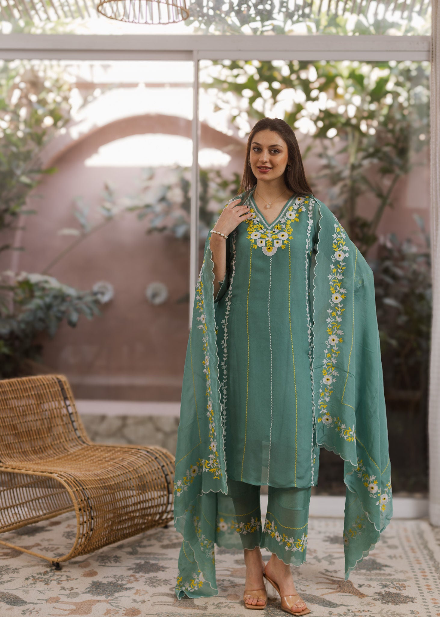 Mint Viscose Resam Embroidred Suit Set