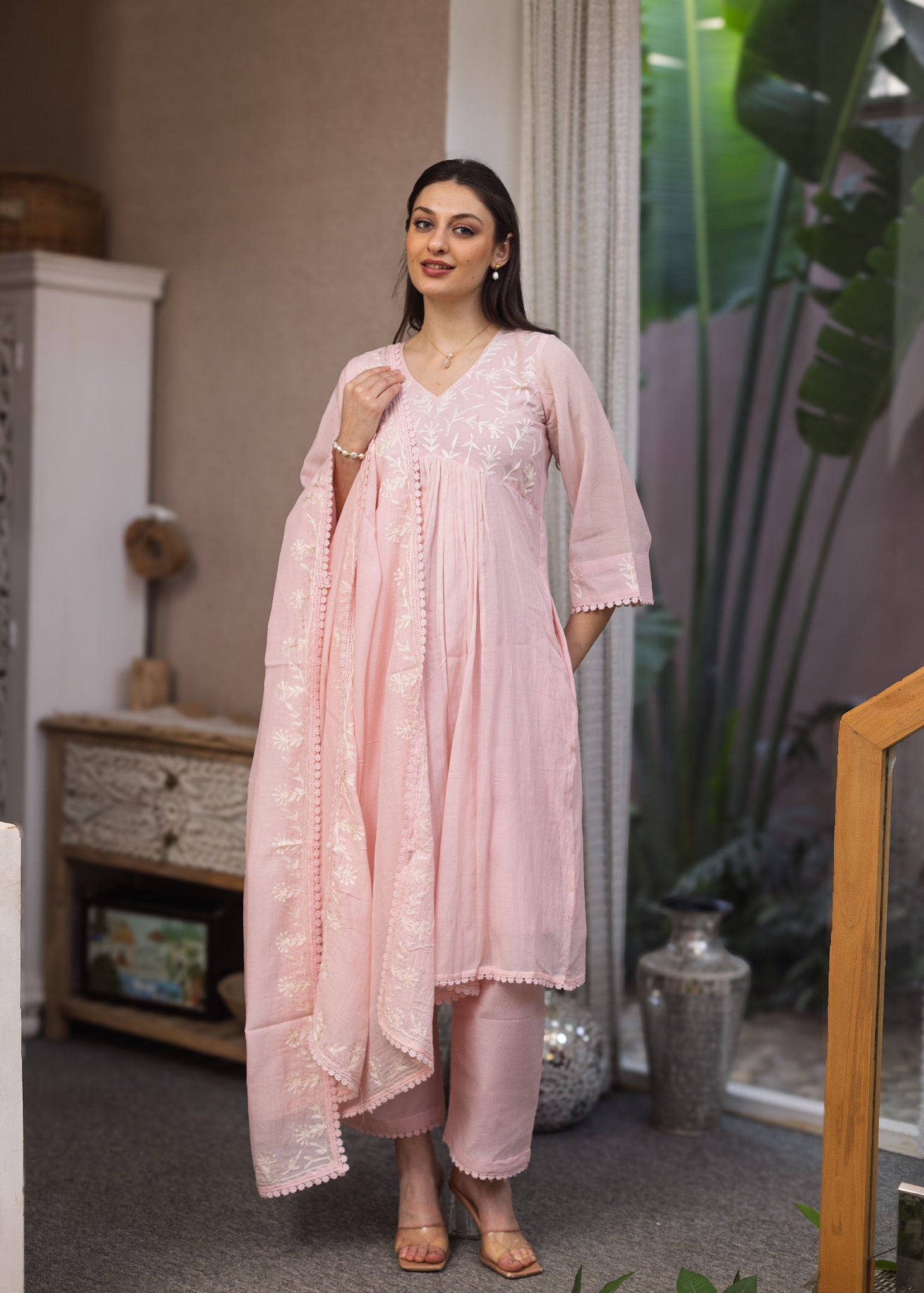 Light Pink Mul Chanderi Embroidered A line Suit Set