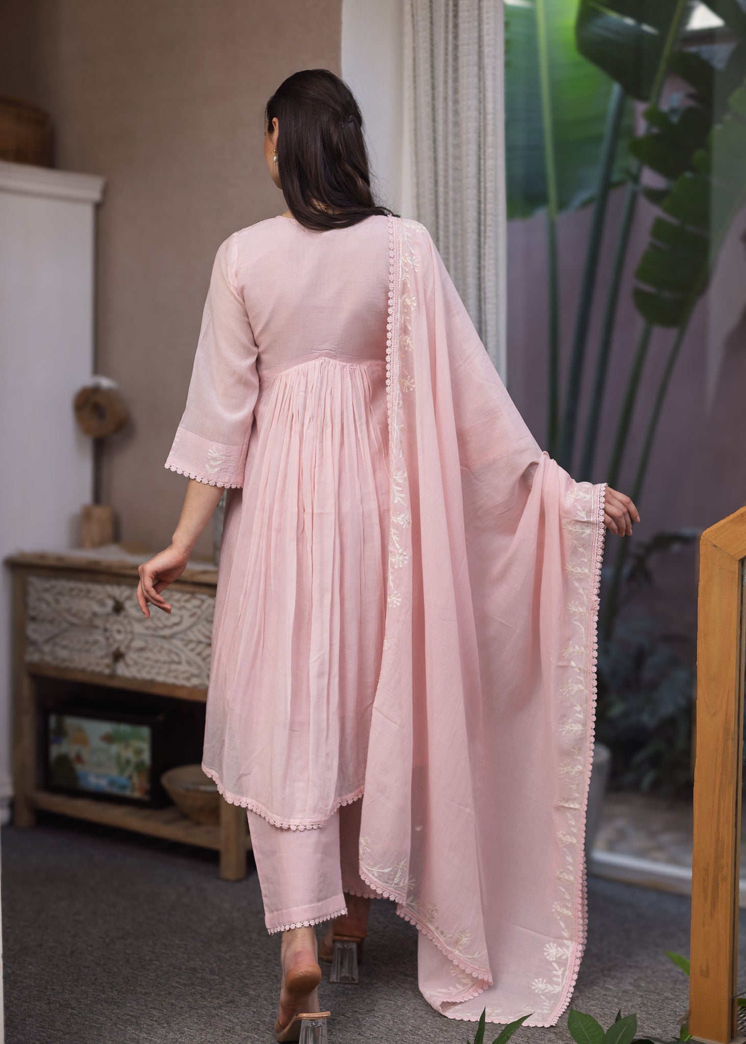 Light Pink Mul Chanderi Embroidered A line Suit Set