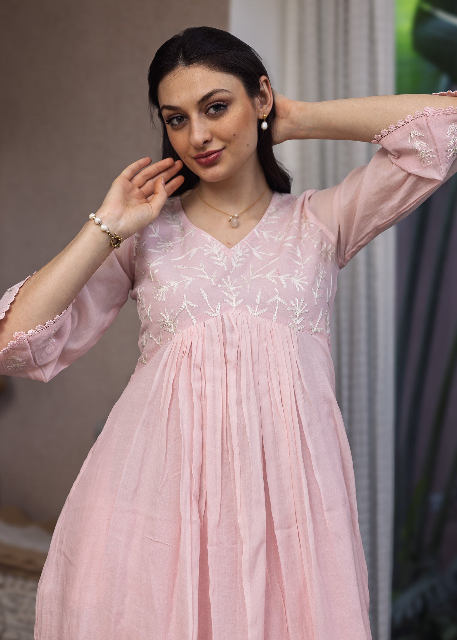 Light Pink Mul Chanderi Embroidered A line Suit Set