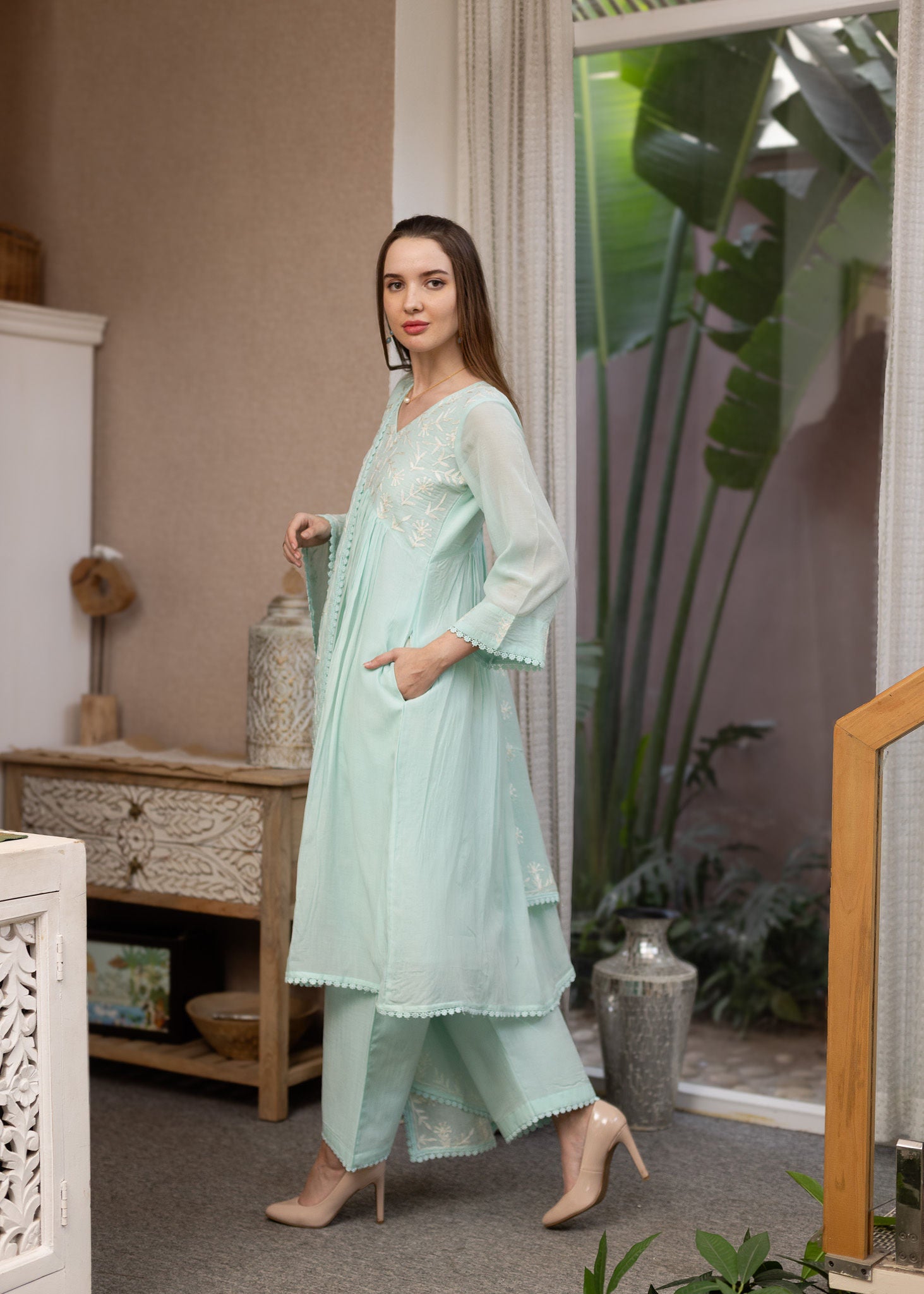 Seafoam Green Mul Chanderi Embroidered A line Suit Set