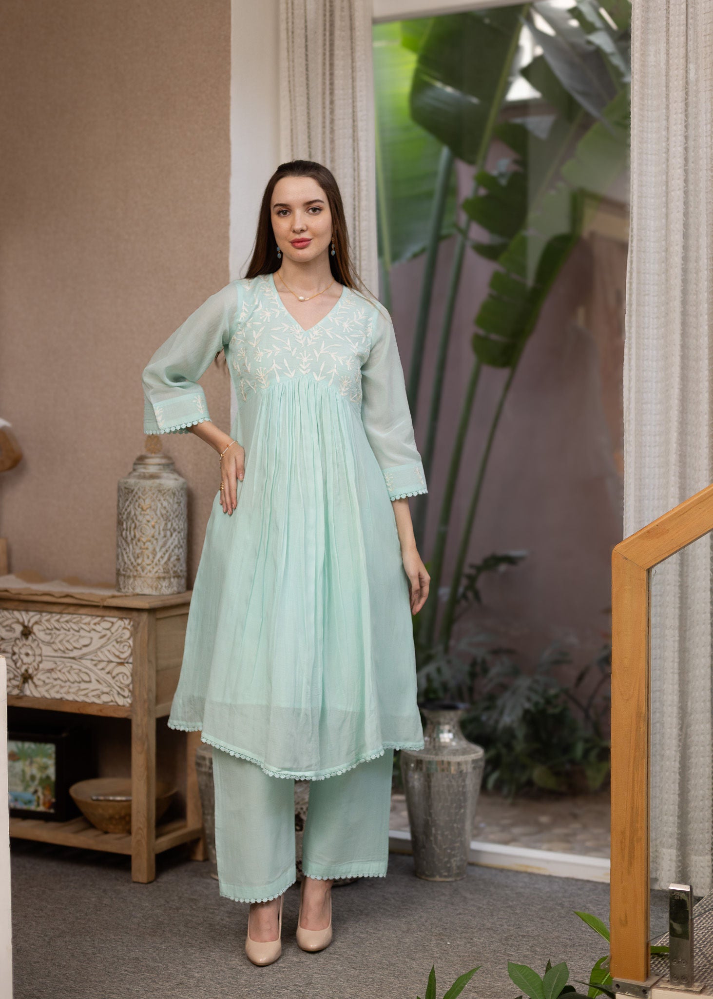 Seafoam Green Mul Chanderi Embroidered A line Suit Set