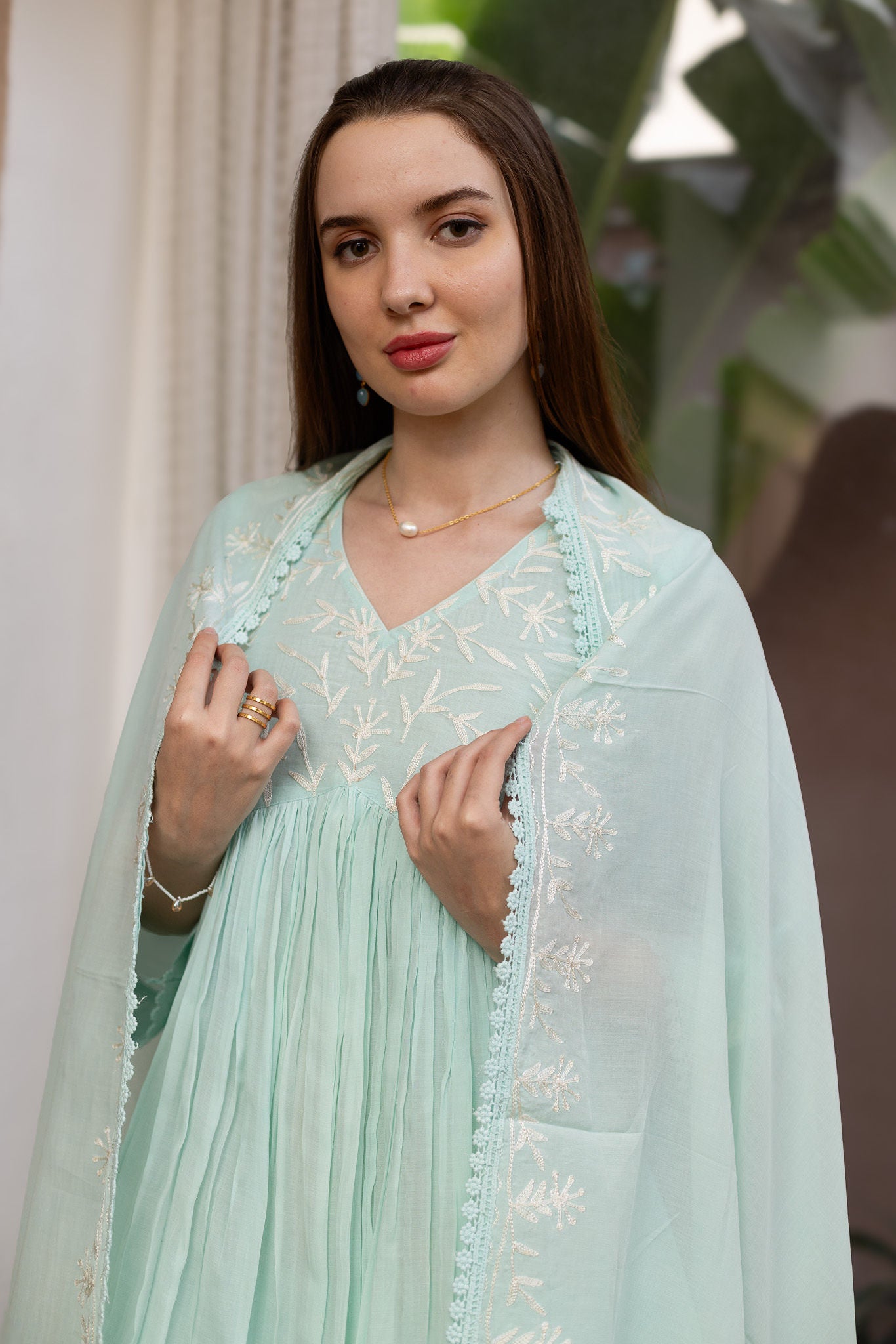 Seafoam Green Mul Chanderi Embroidered A line Suit Set