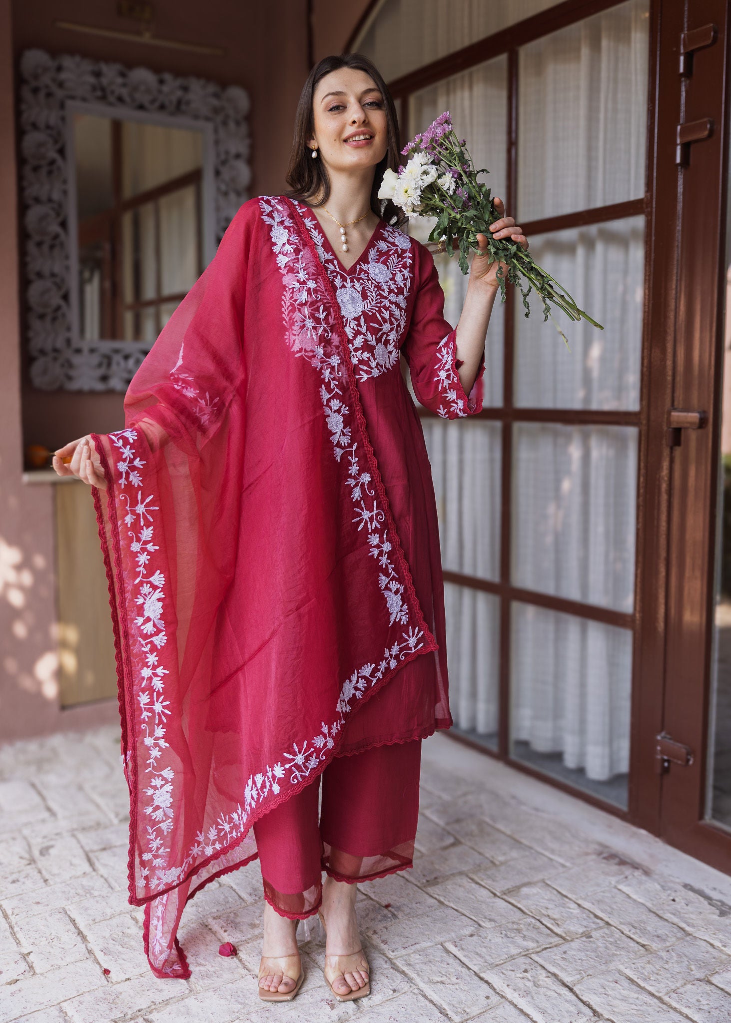 Maroon Mul Chanderi Suit Set