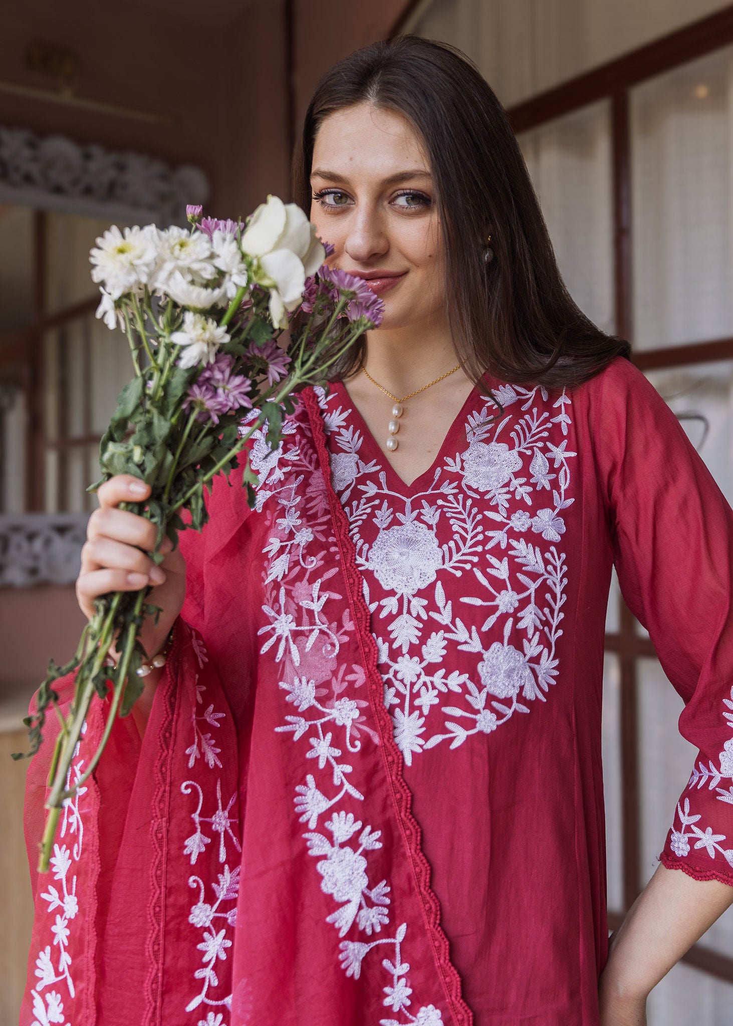 Maroon Mul Chanderi Suit Set