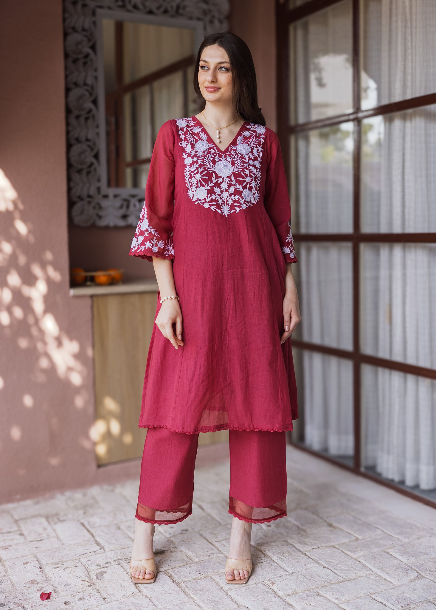 Maroon Mul Chanderi Suit Set