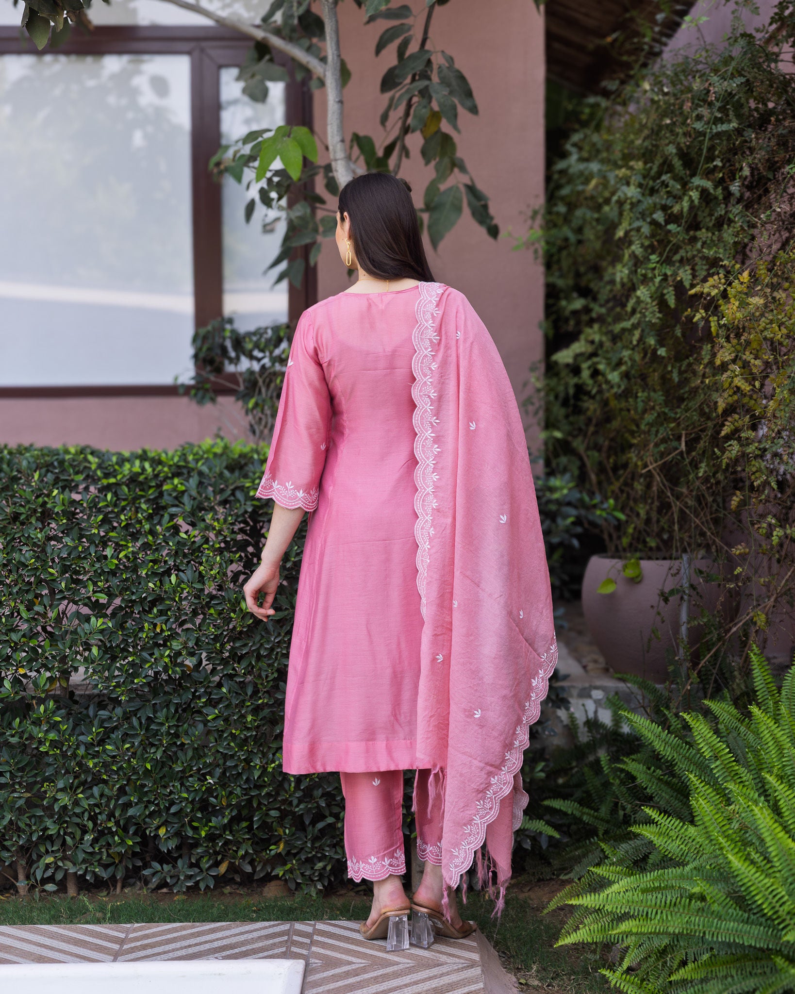 Rose Pink Chanderi 3 Kali A Line Suit Set