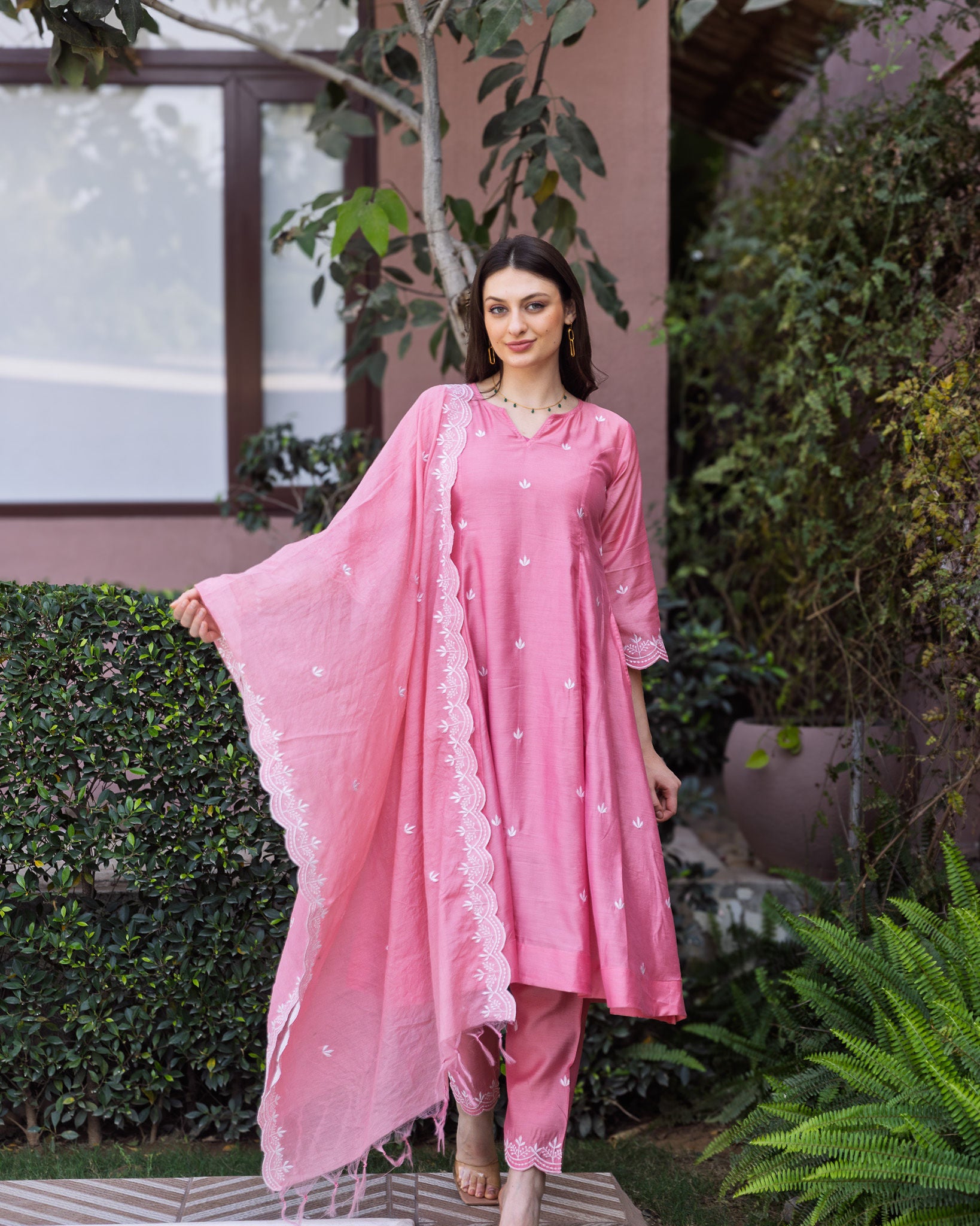 Rose Pink Chanderi 3 Kali A Line Suit Set