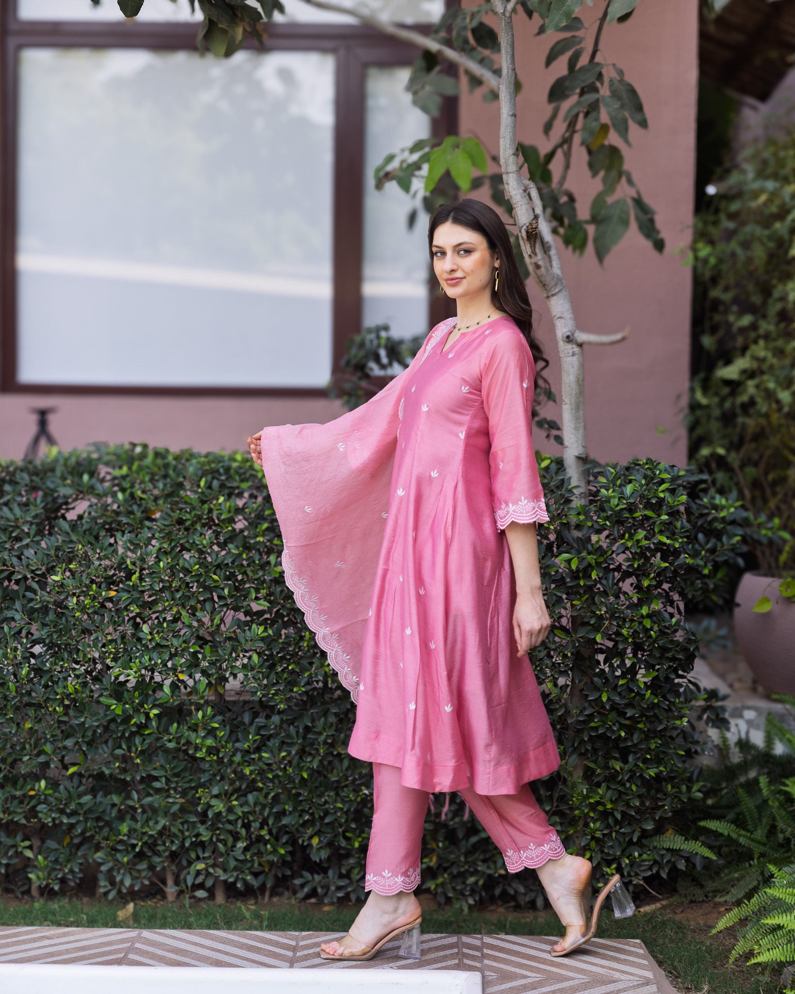 Rose Pink Chanderi 3 Kali A Line Suit Set