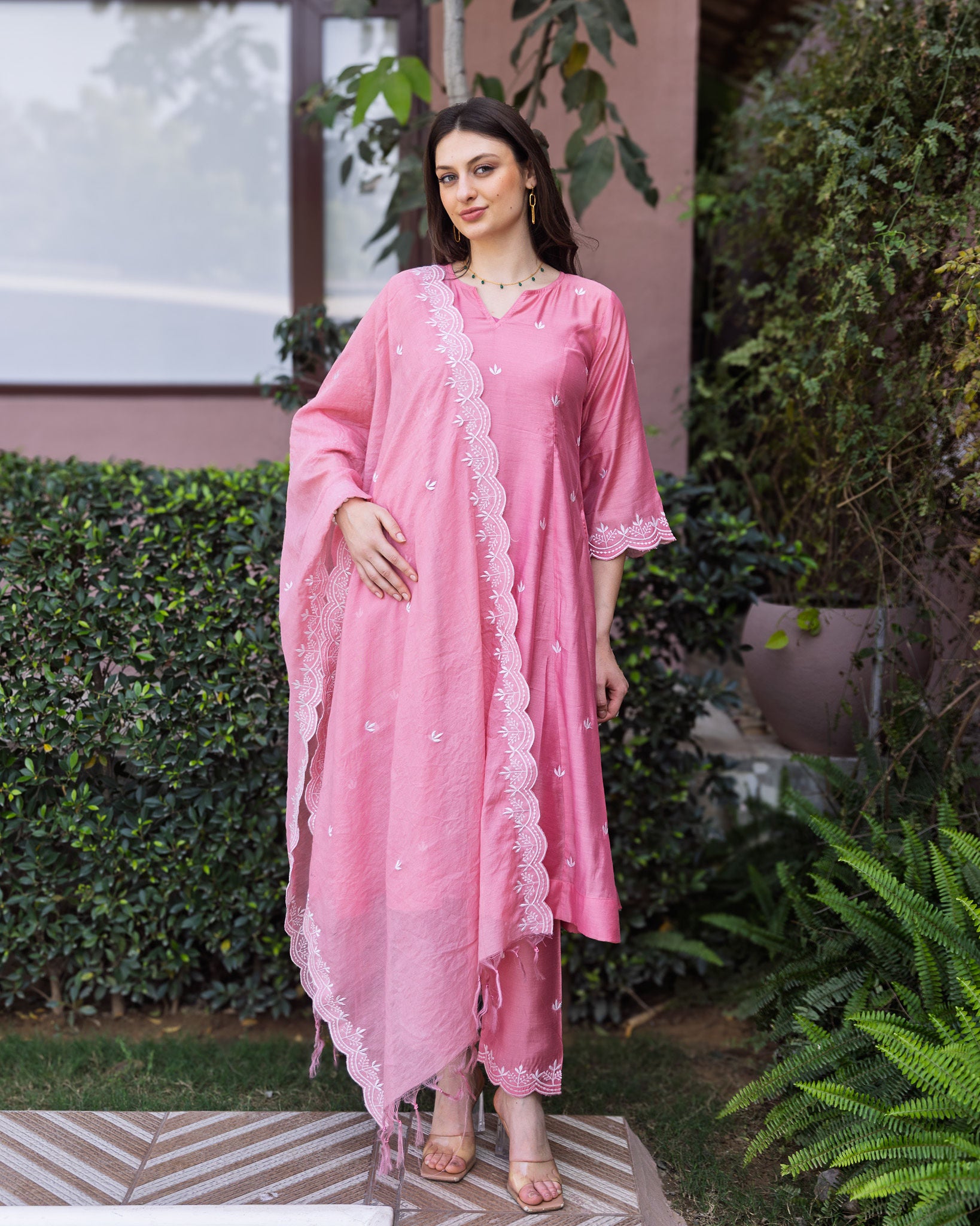 Rose Pink Chanderi 3 Kali A Line Suit Set