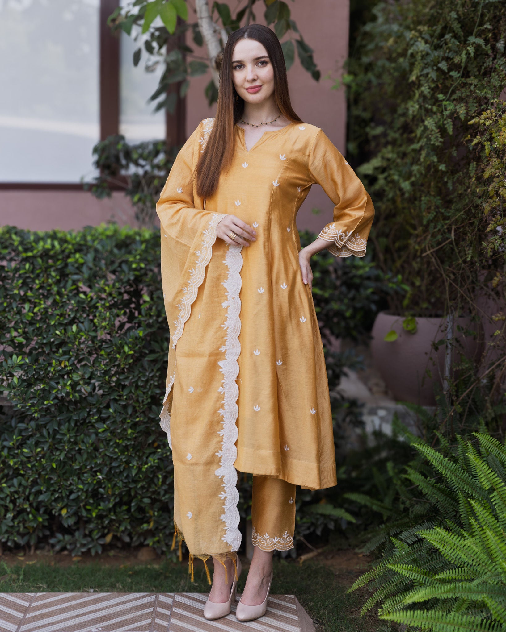 Mustard Chanderi 3 Kali A Line Suit Set