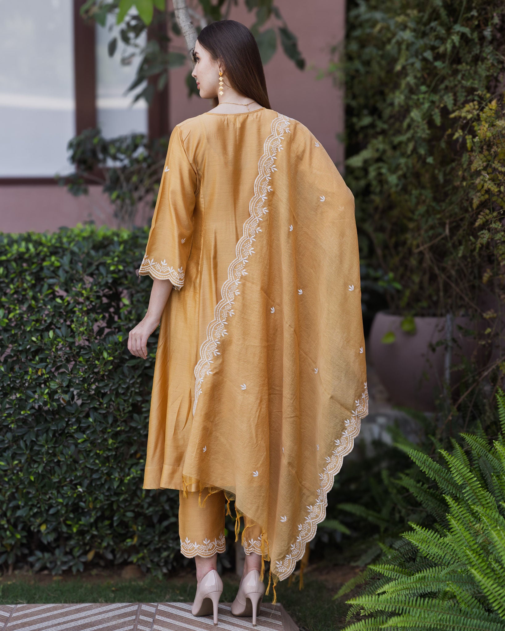 Mustard Chanderi 3 Kali A Line Suit Set