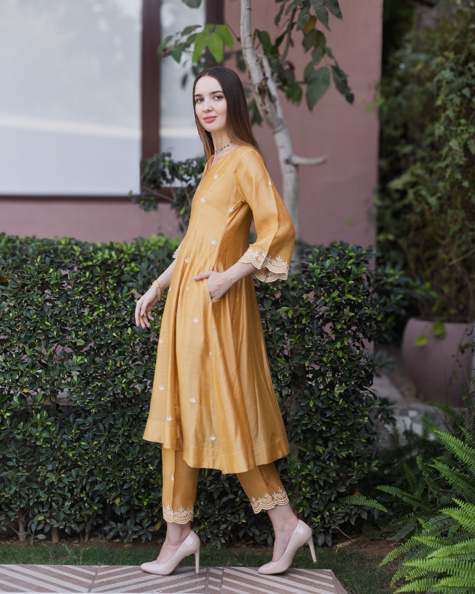 Mustard Chanderi 3 Kali A Line Suit Set