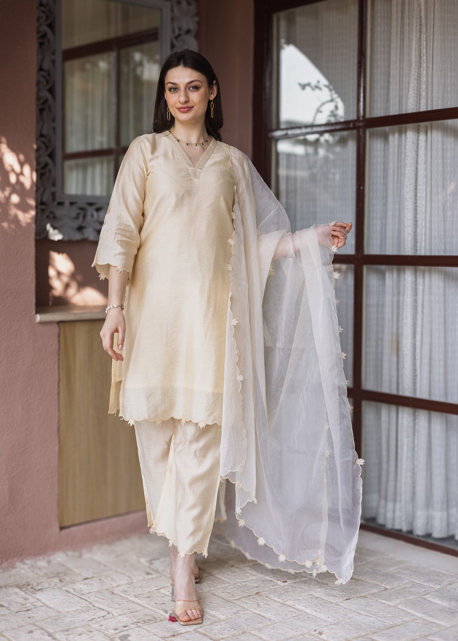 Golden Chanderi Embroidered Straight Set