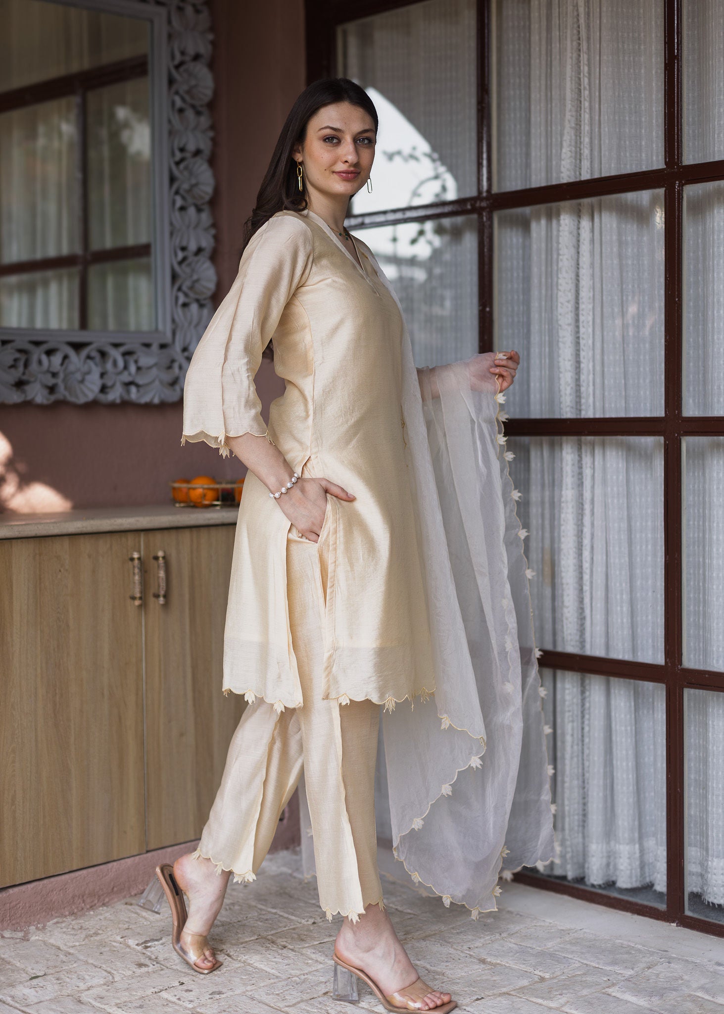 Golden Chanderi Embroidered Straight Set