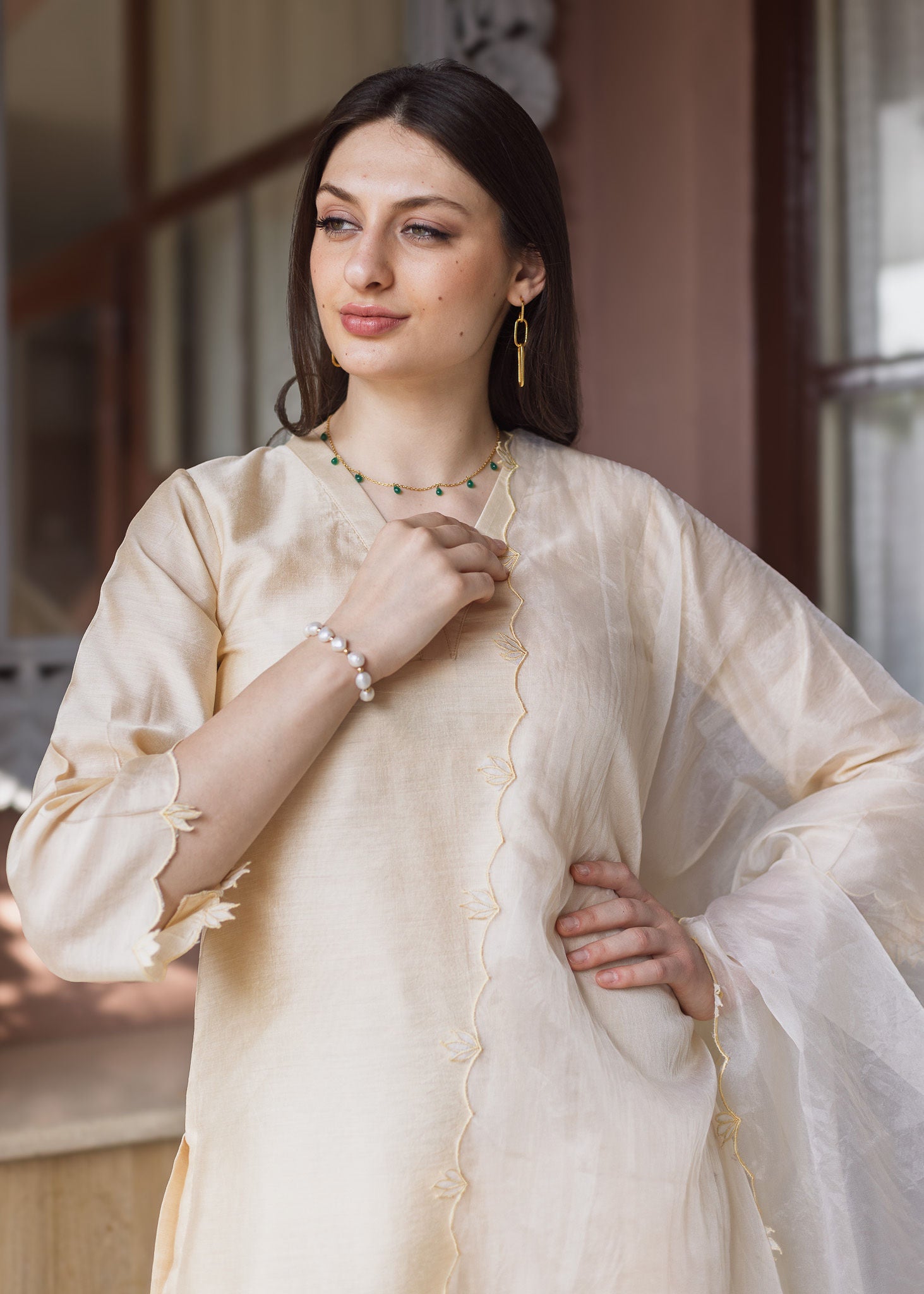 Golden Chanderi Embroidered Straight Set