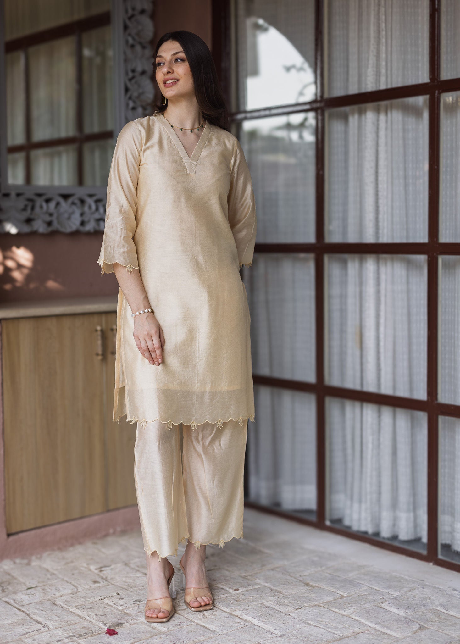 Golden Chanderi Embroidered Straight Set