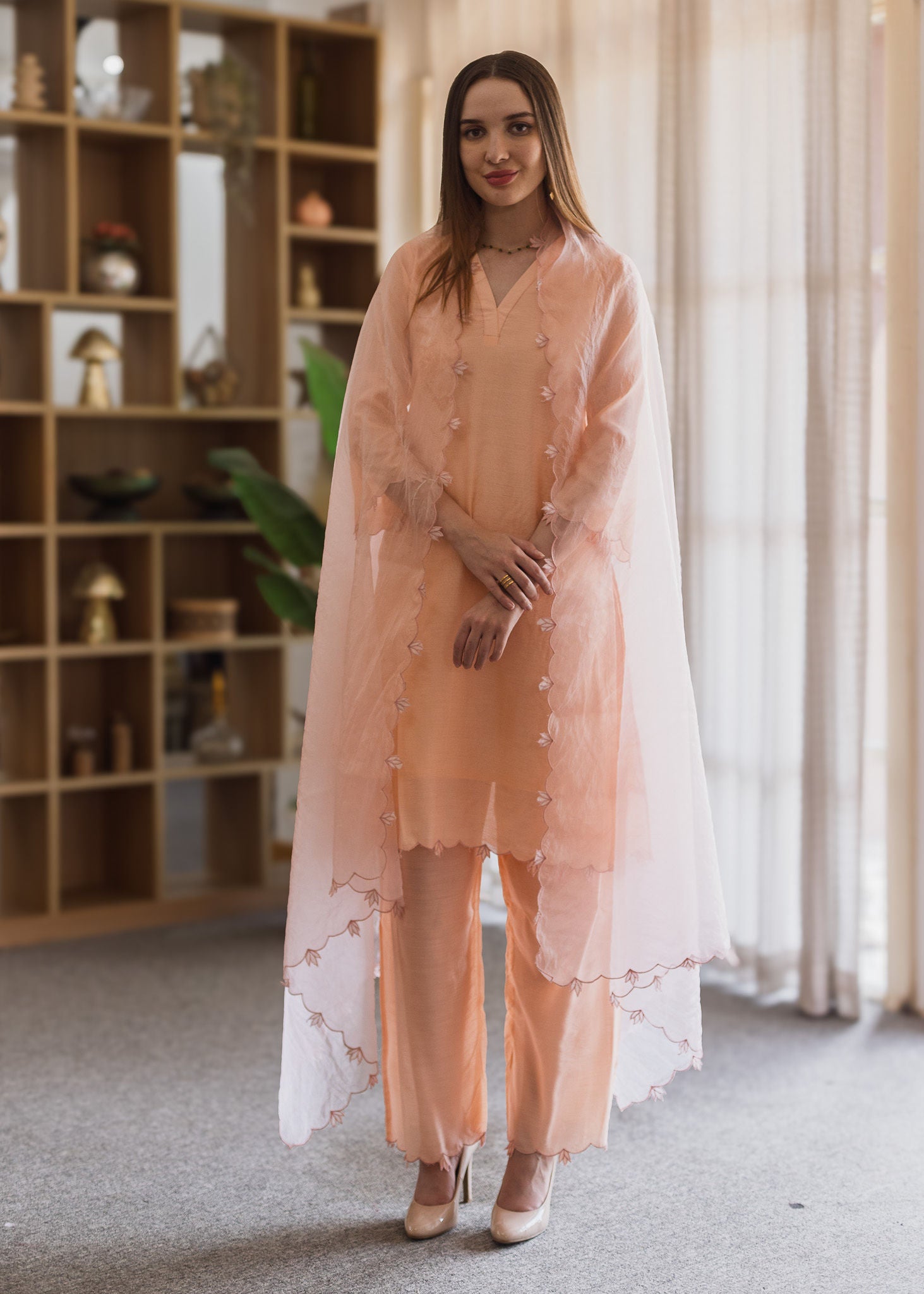 Peach Chanderi Embroidered Straight Set