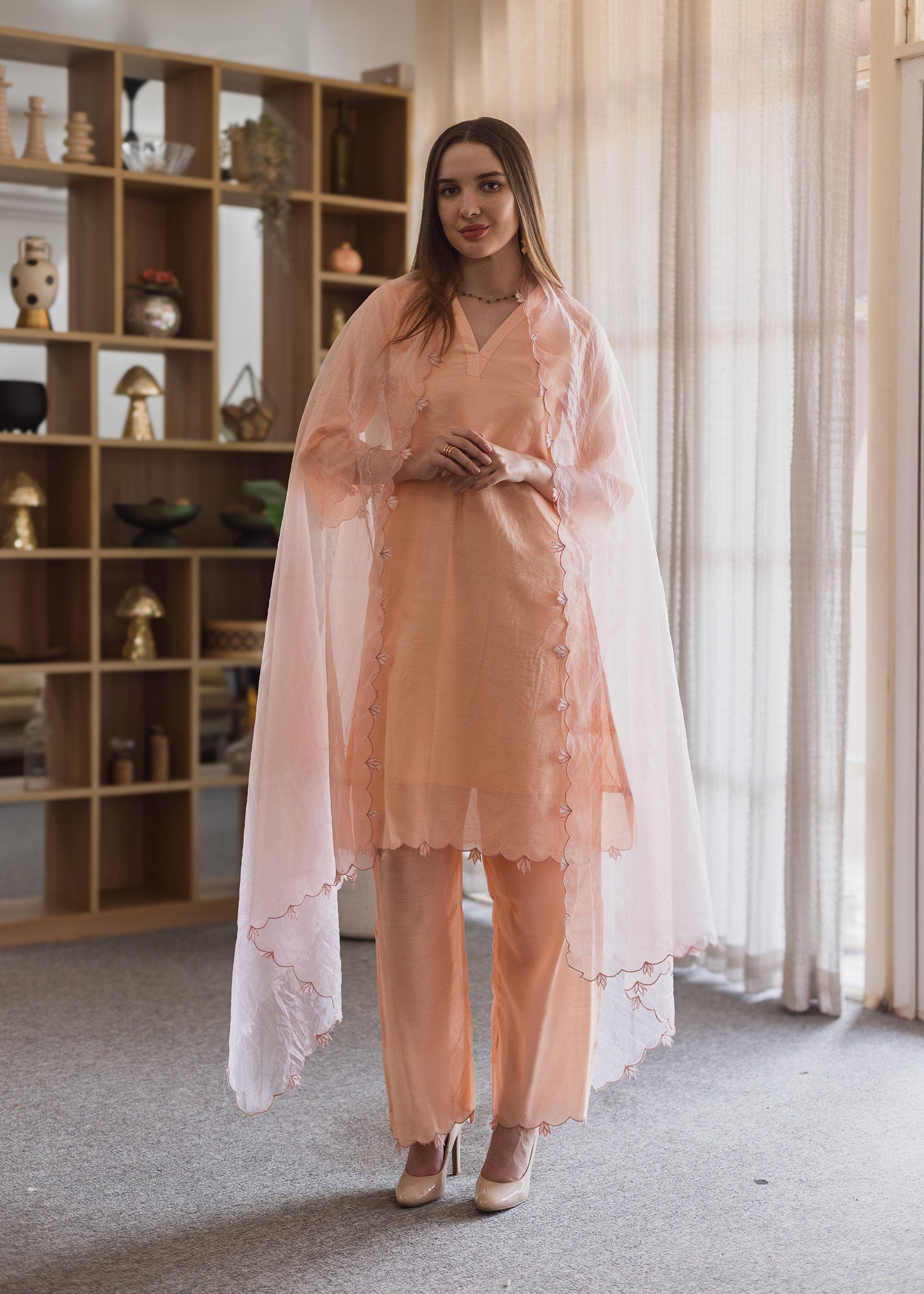 Peach Chanderi Embroidered Straight Set