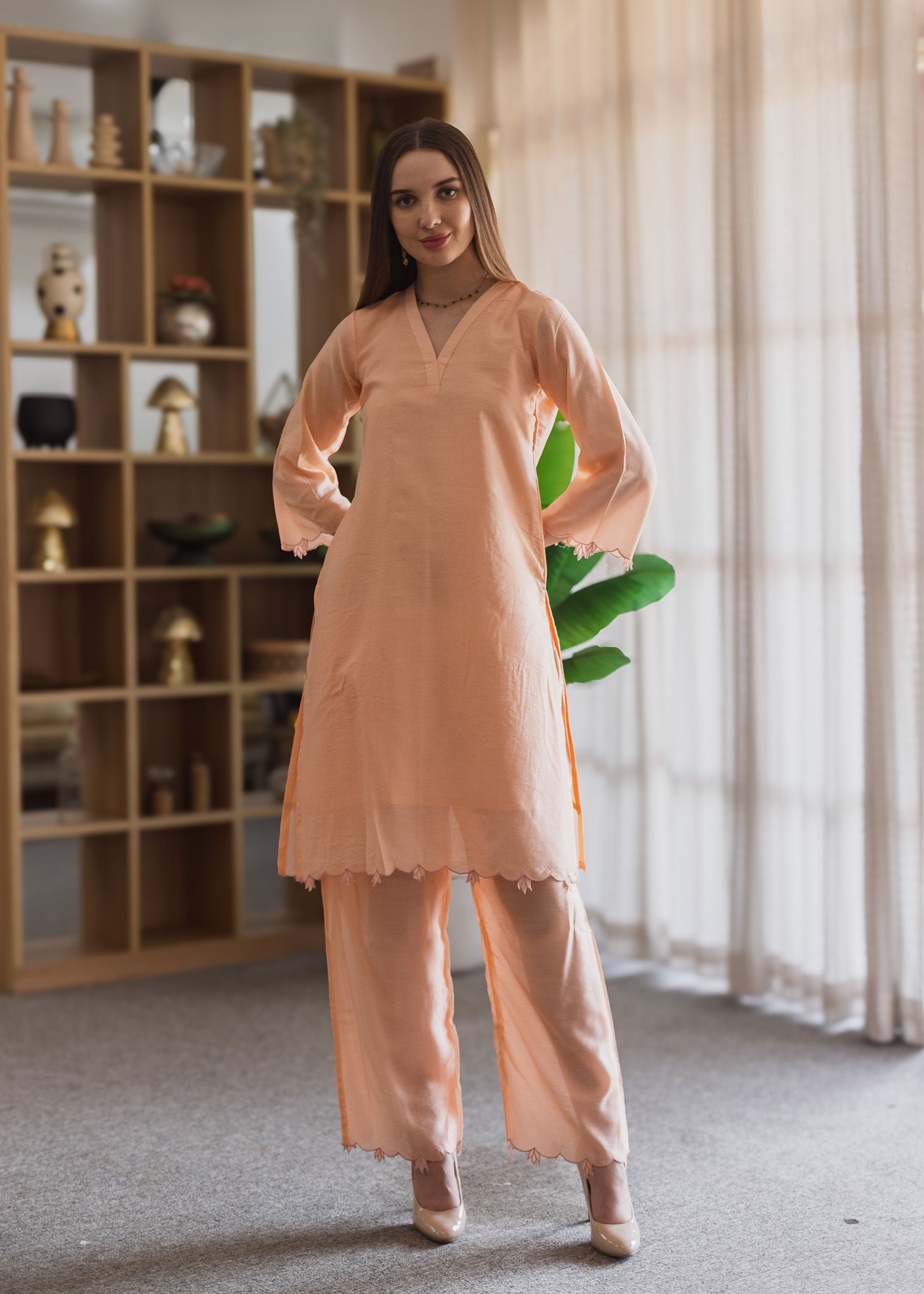 Peach Chanderi Embroidered Straight Set