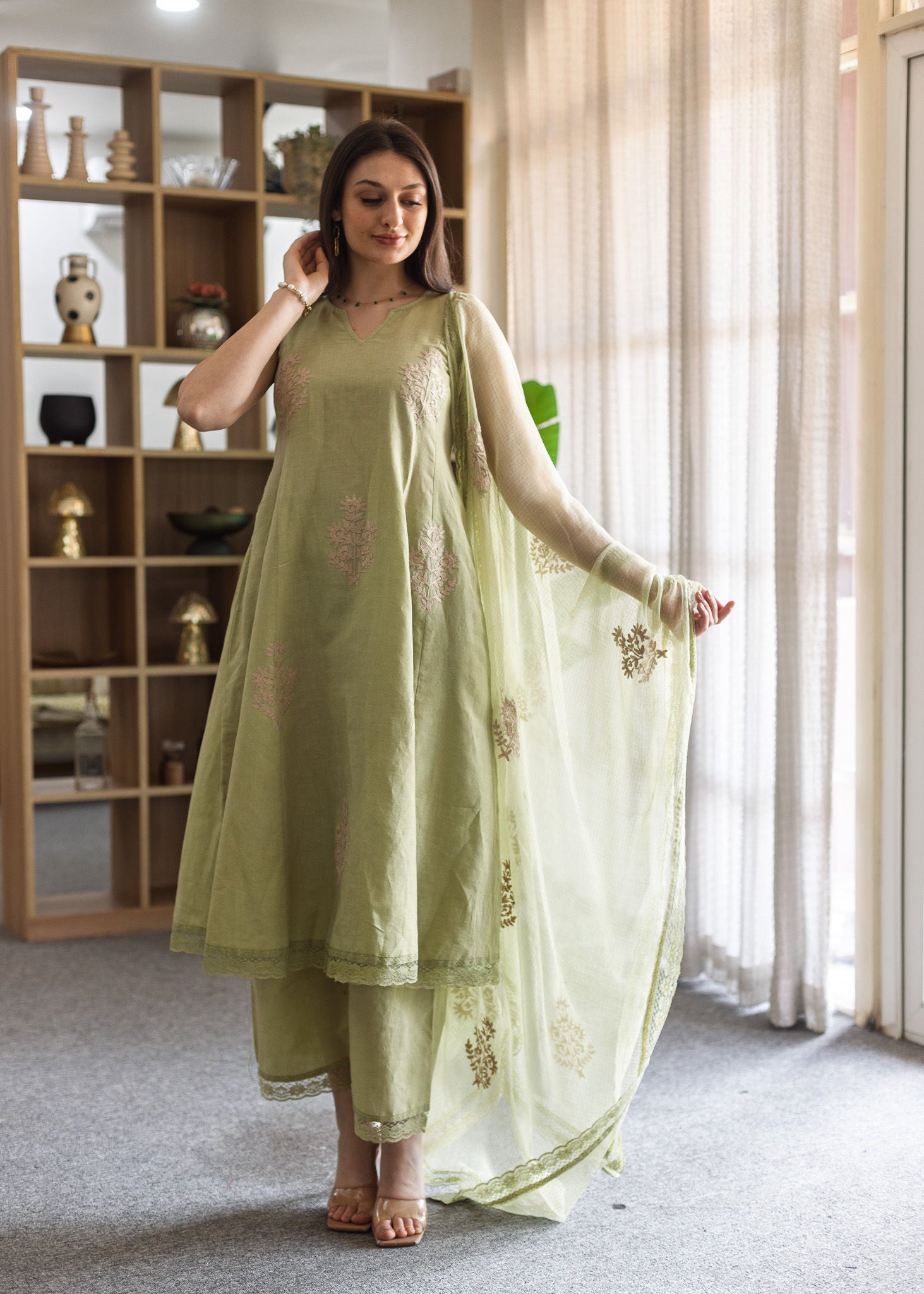 Pista Green Linen embroidered A-Line Suit Set