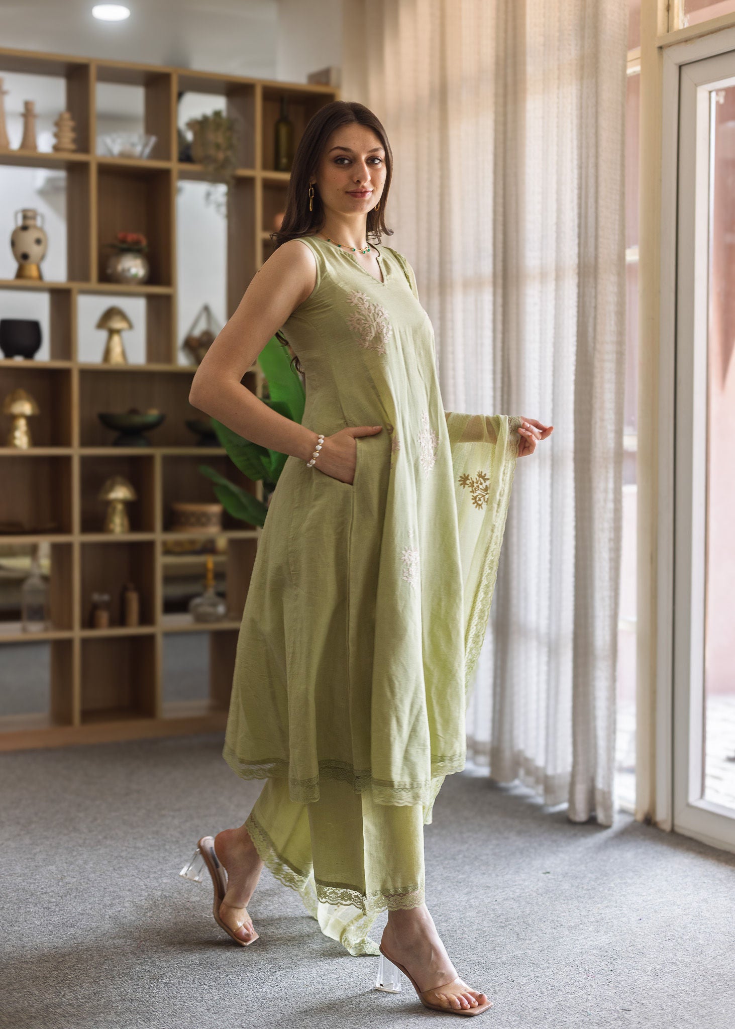 Pista Green Linen embroidered A-Line Suit Set