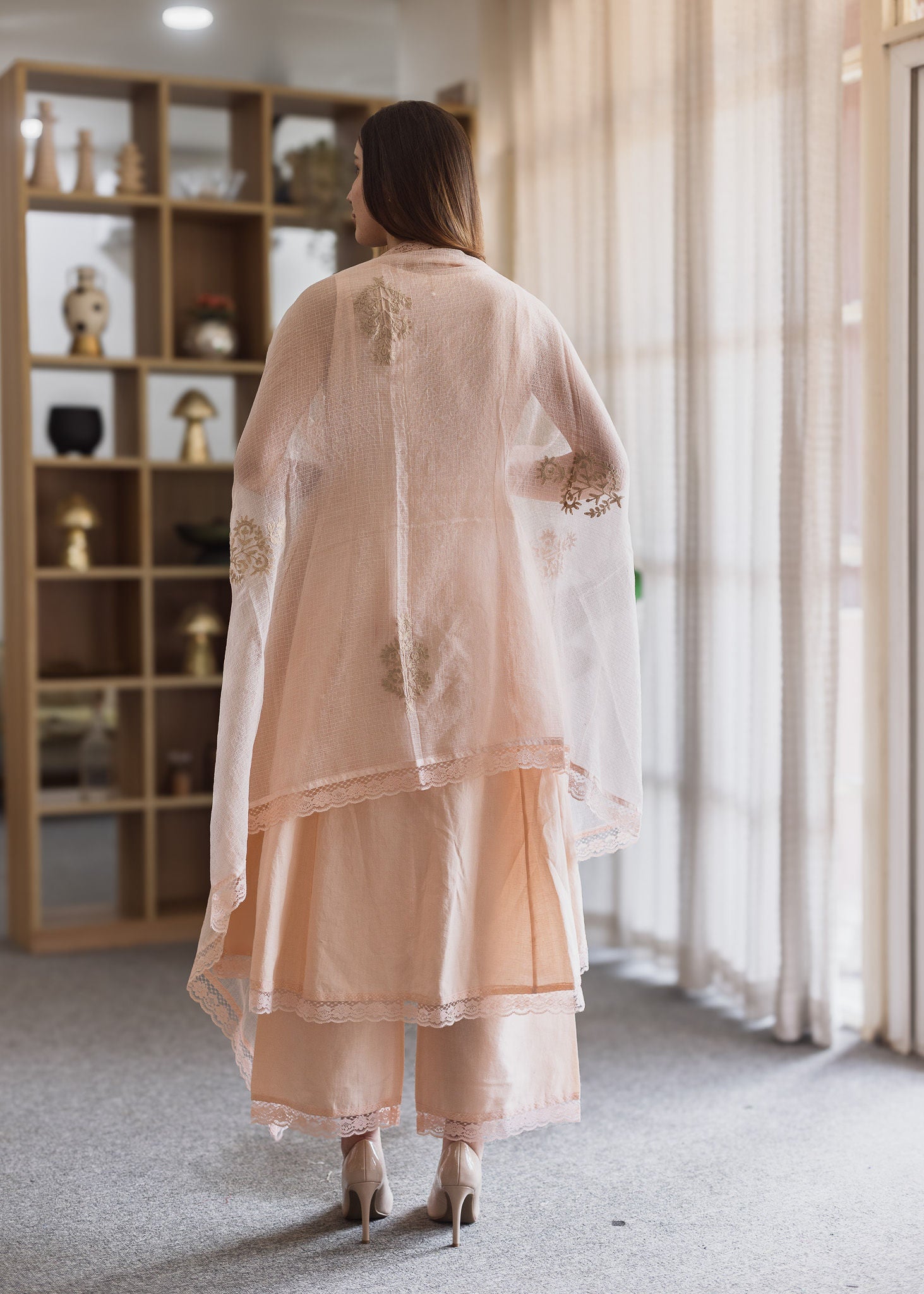 Peach Linen embroidered A-Line Suit Set