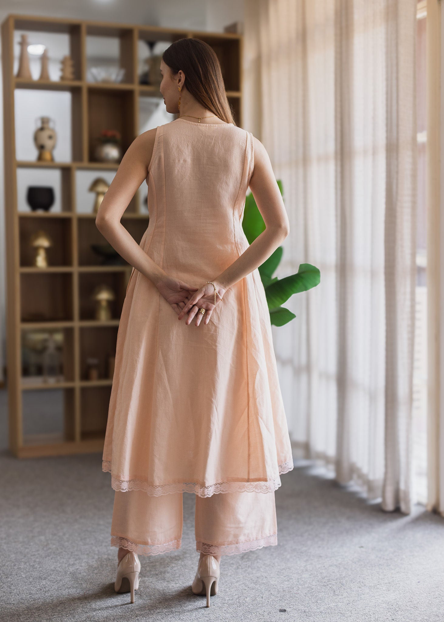 Peach Linen embroidered A-Line Suit Set